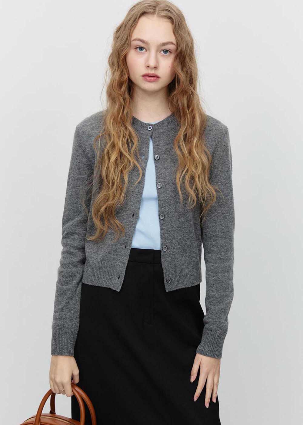 Grey Round-Neck Wool Cardigan