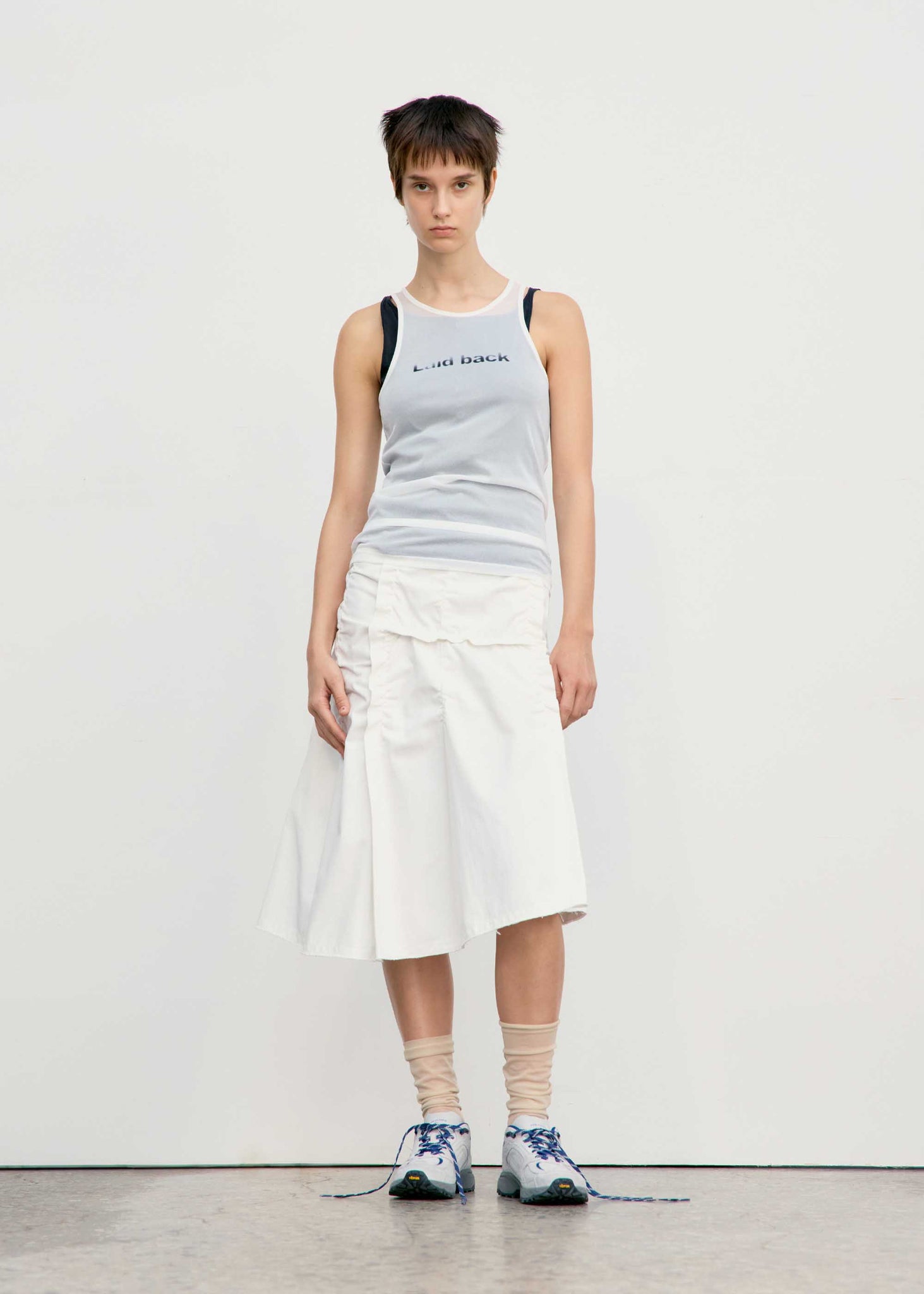 White Asymmetric Wrinkle Midi Skirt