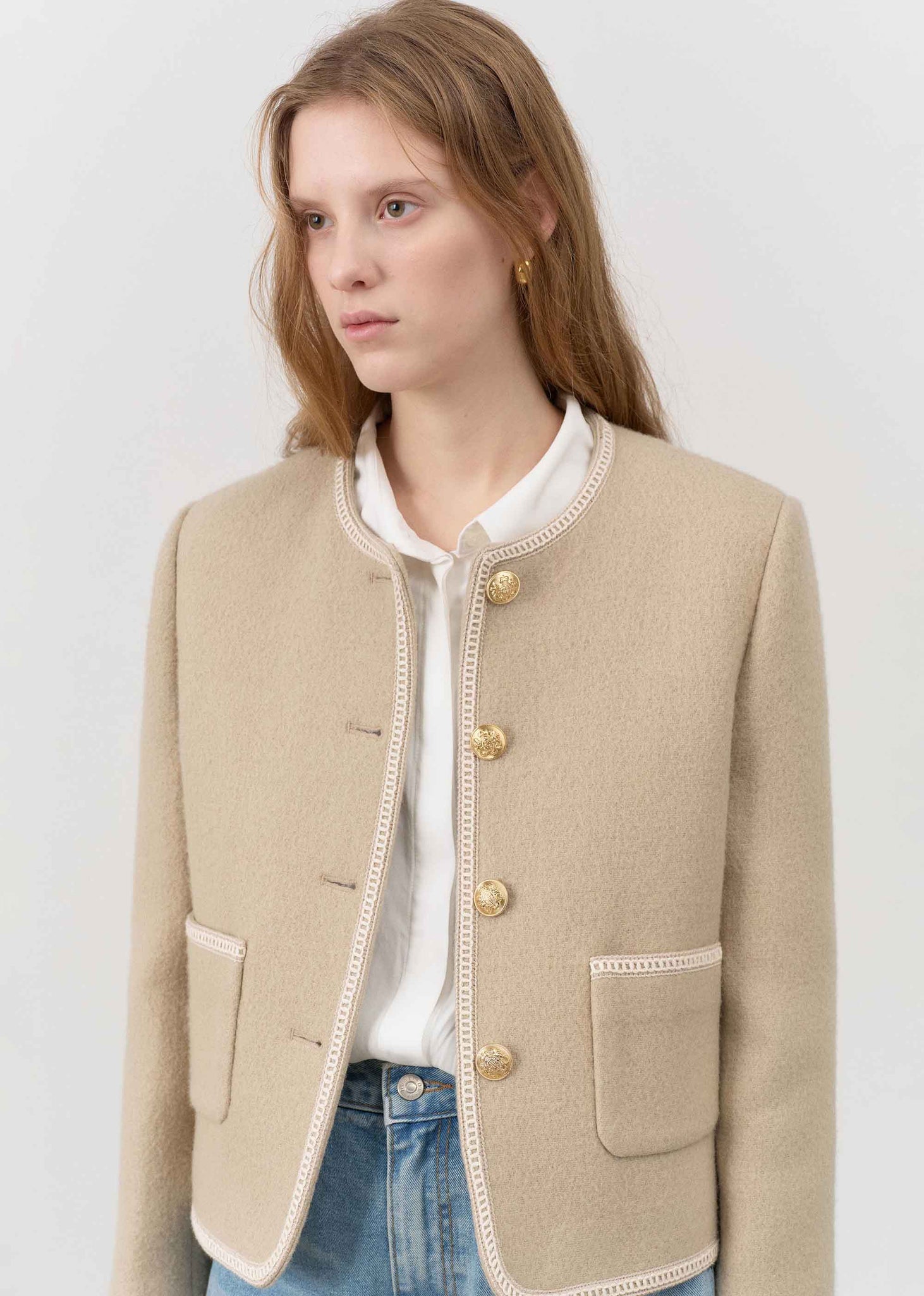 Cream Boucle Tweed Collarless Jacket