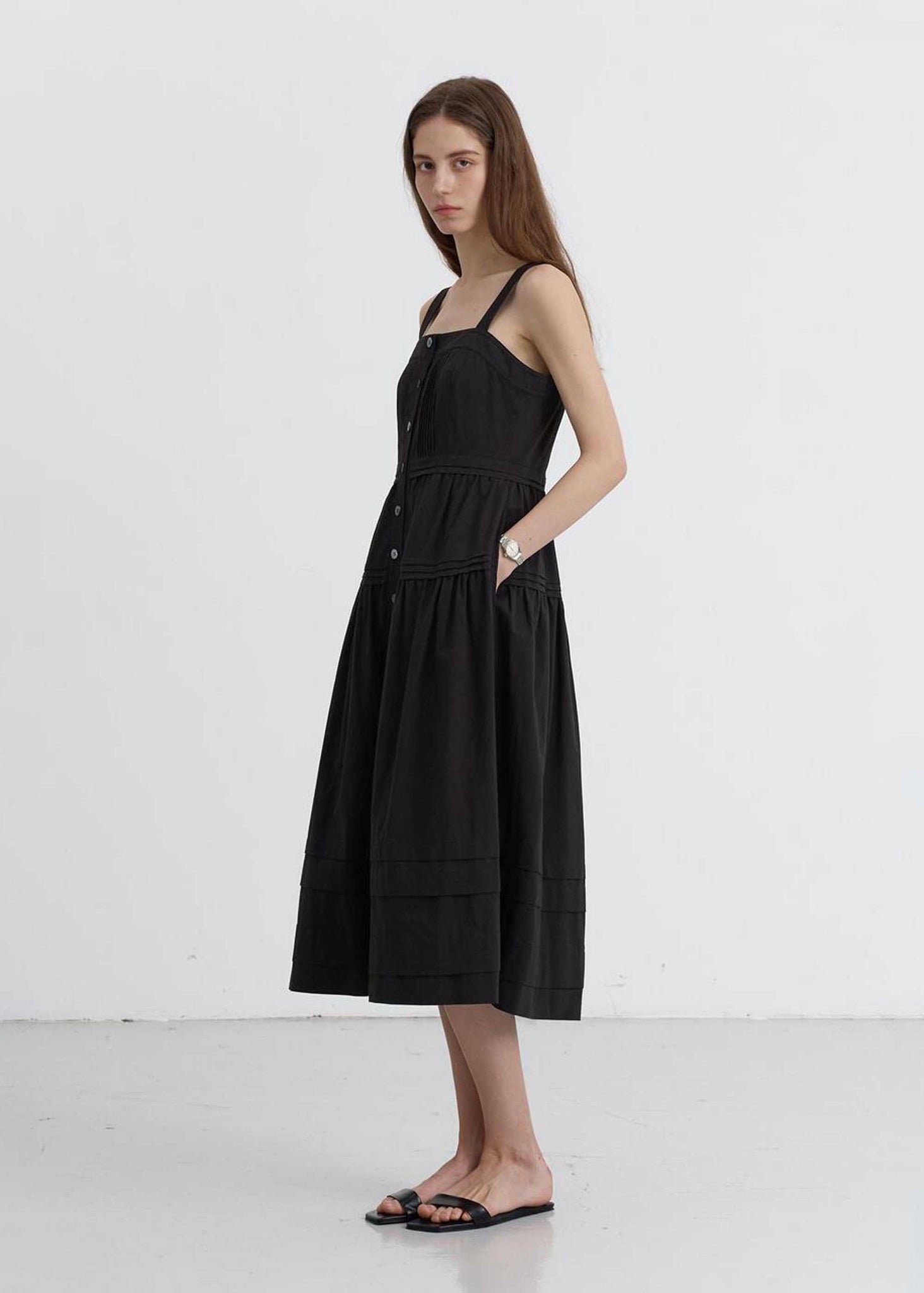 Black Square-Neck Buttoned Midi Dress