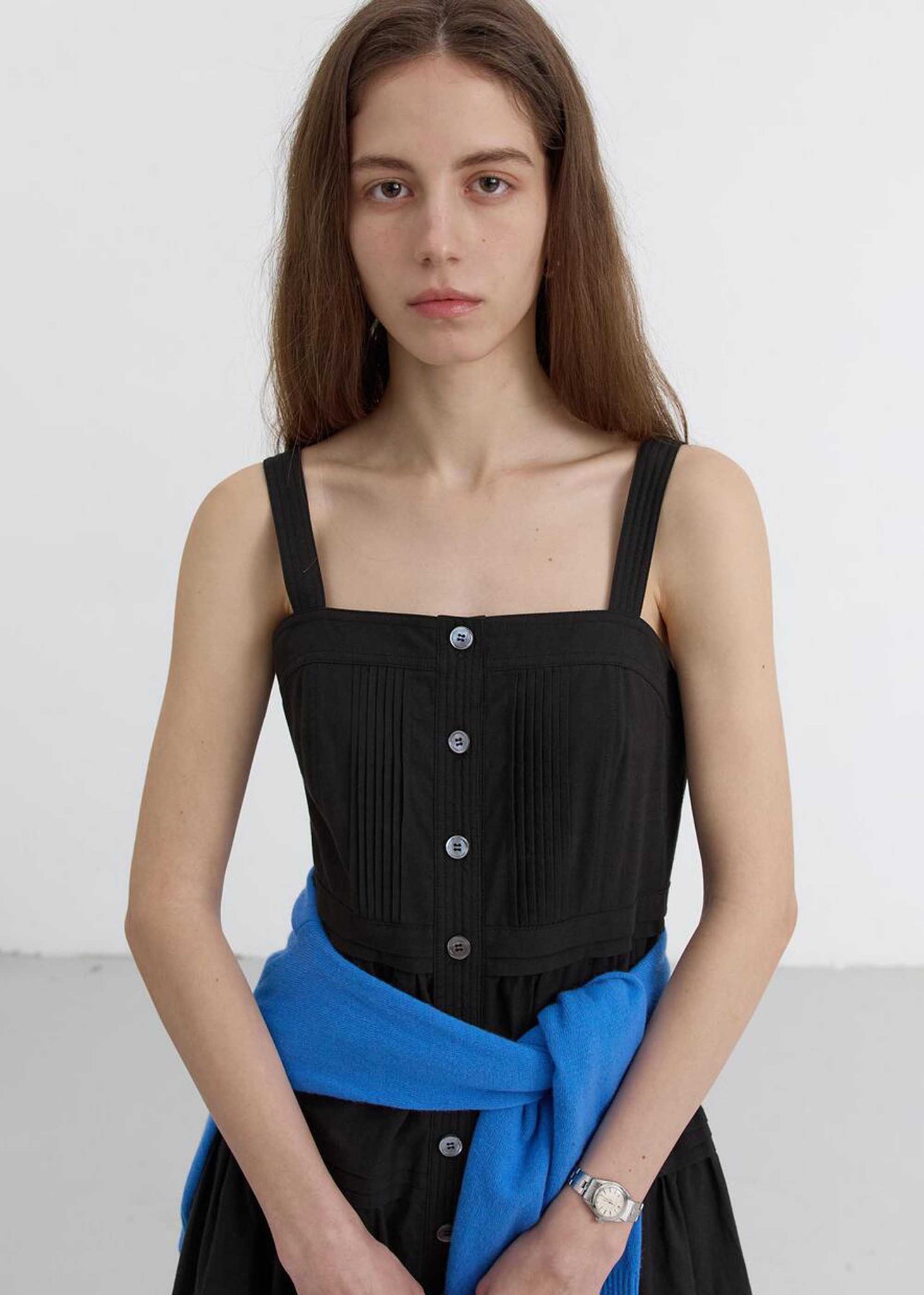 Black Square-Neck Buttoned Midi Dress