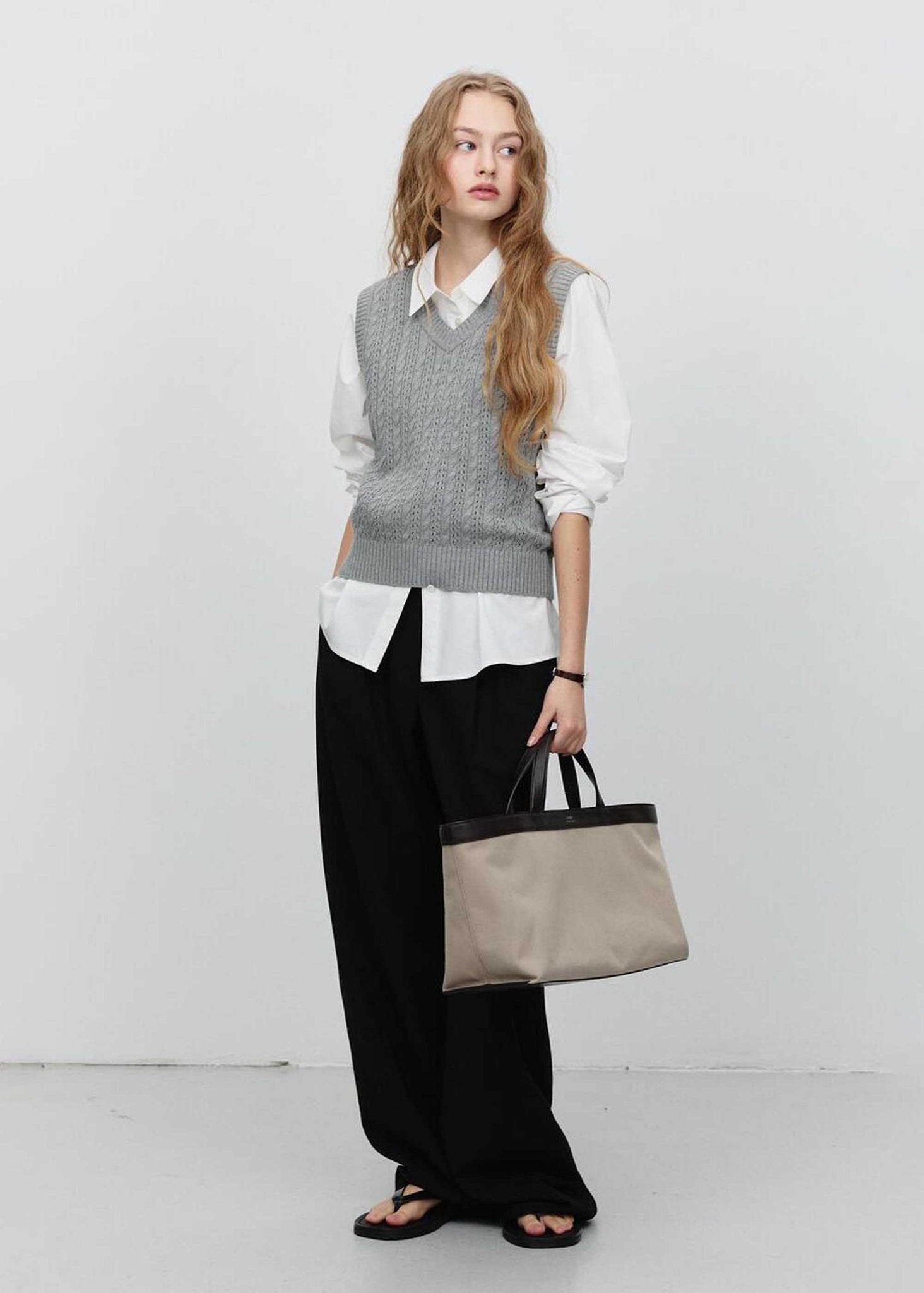 Grey Crochet-Knit V-Neck Vest