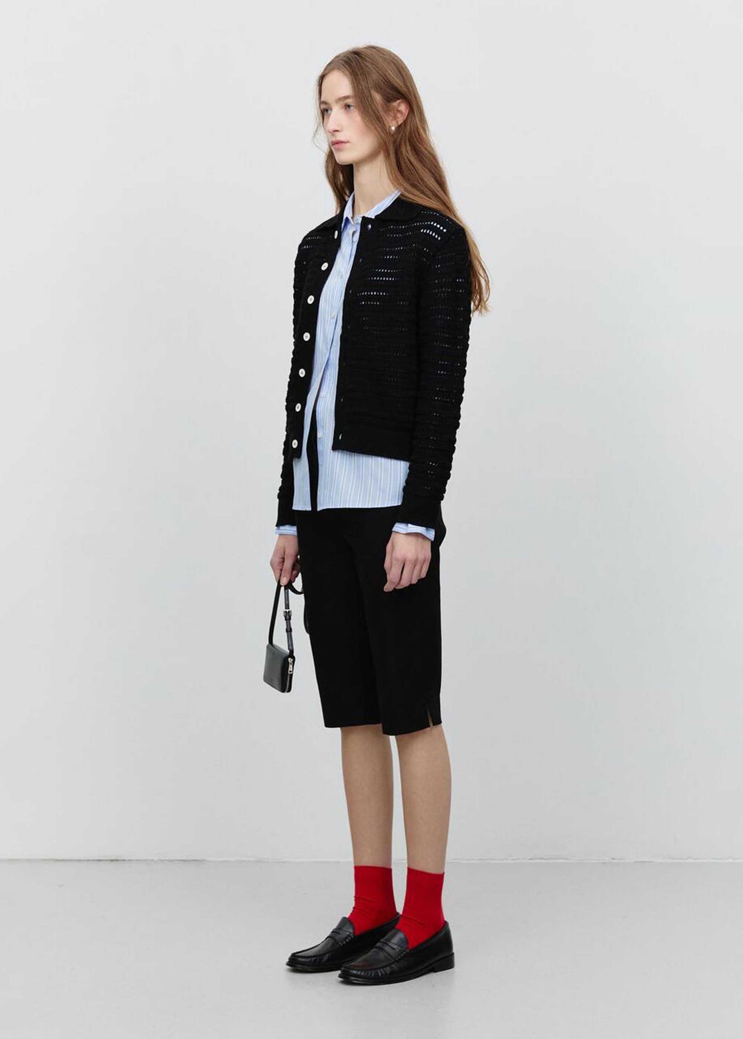 Black Open-Knit Collared Cardigan