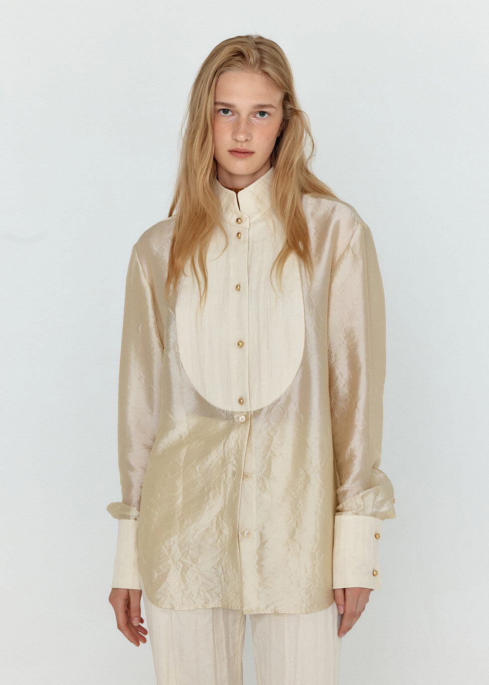 Light Beige Bib Front Silk Shirt - 157Moments