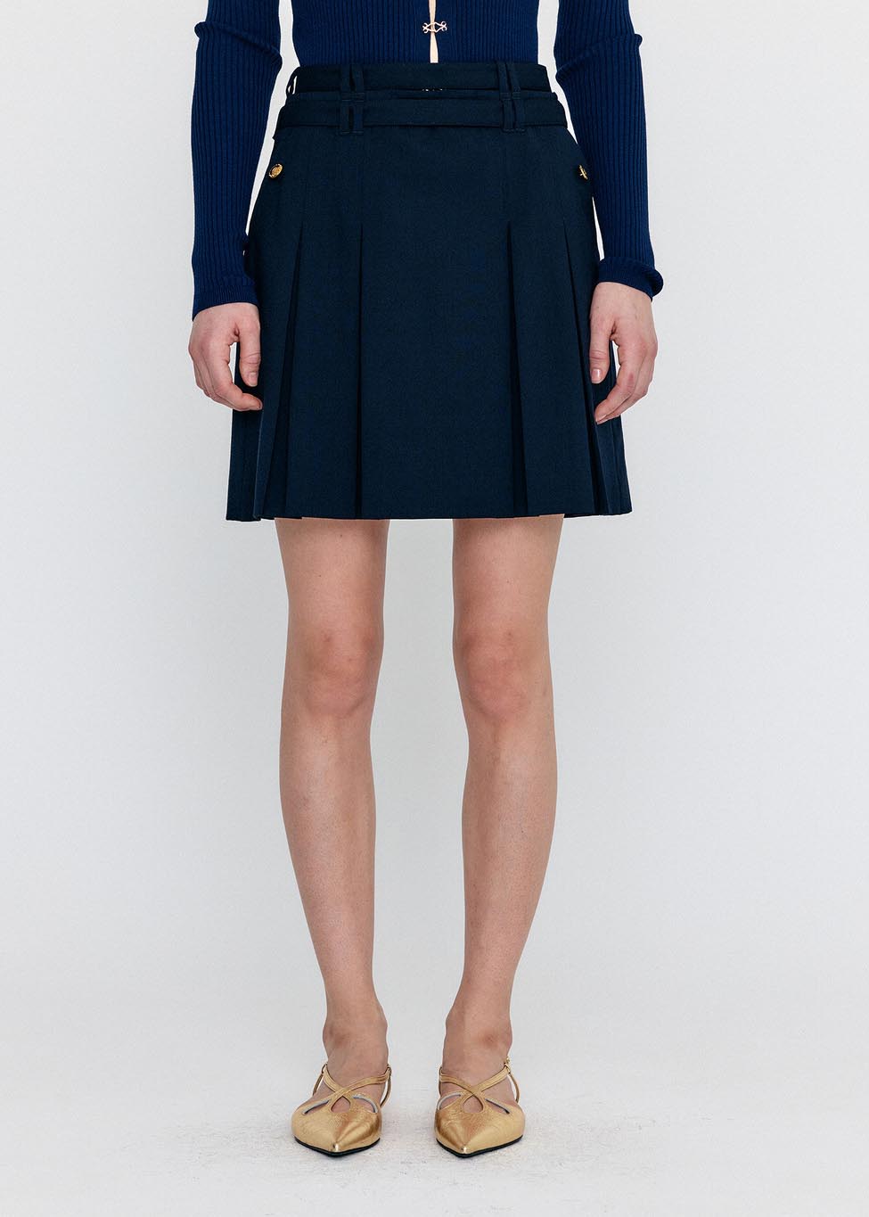 Navy Double Belted Pleated Mini Skirt - 157Moments