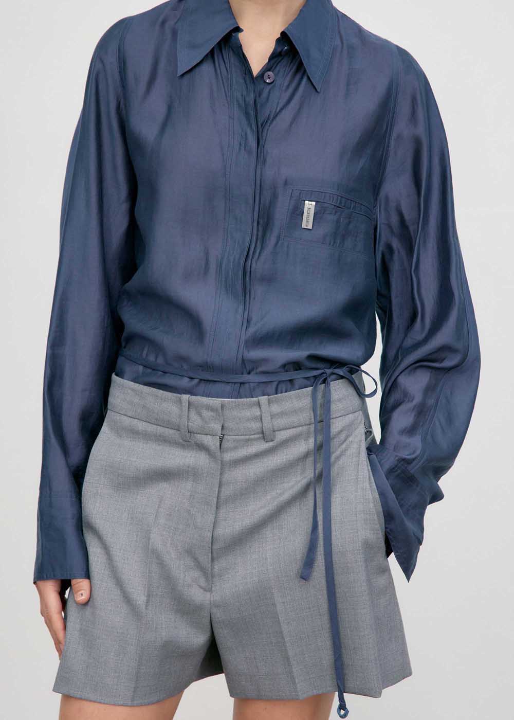 Navy Semi-Sheer Belted Shirt