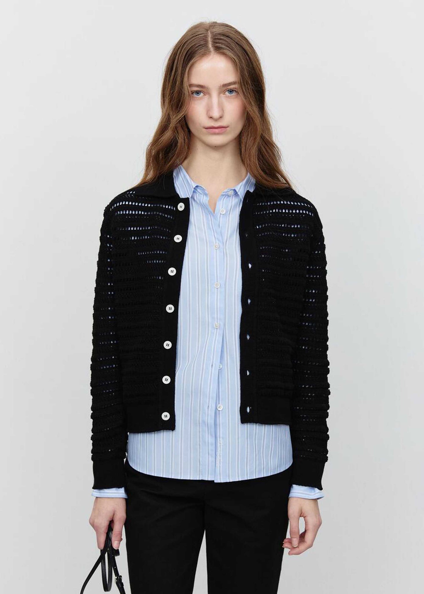 Black Open-Knit Collared Cardigan