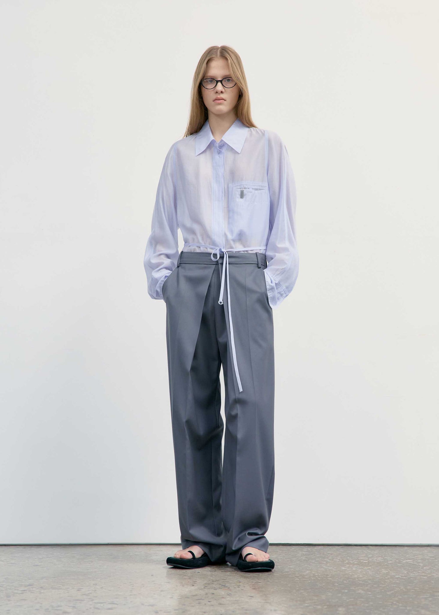 Light Blue Semi-Sheer Belted Shirt