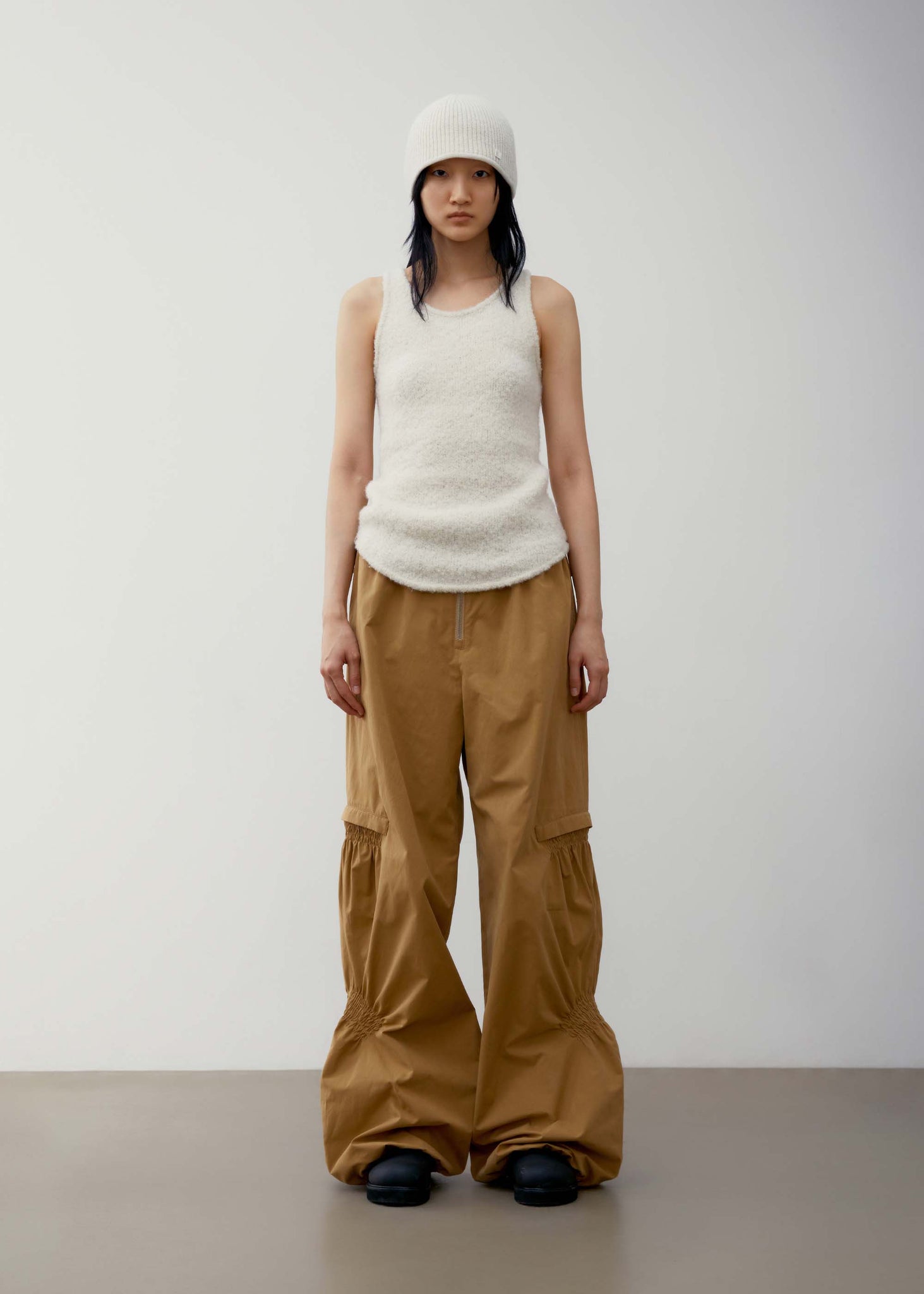 Beige Wide-Leg Shirred Pants