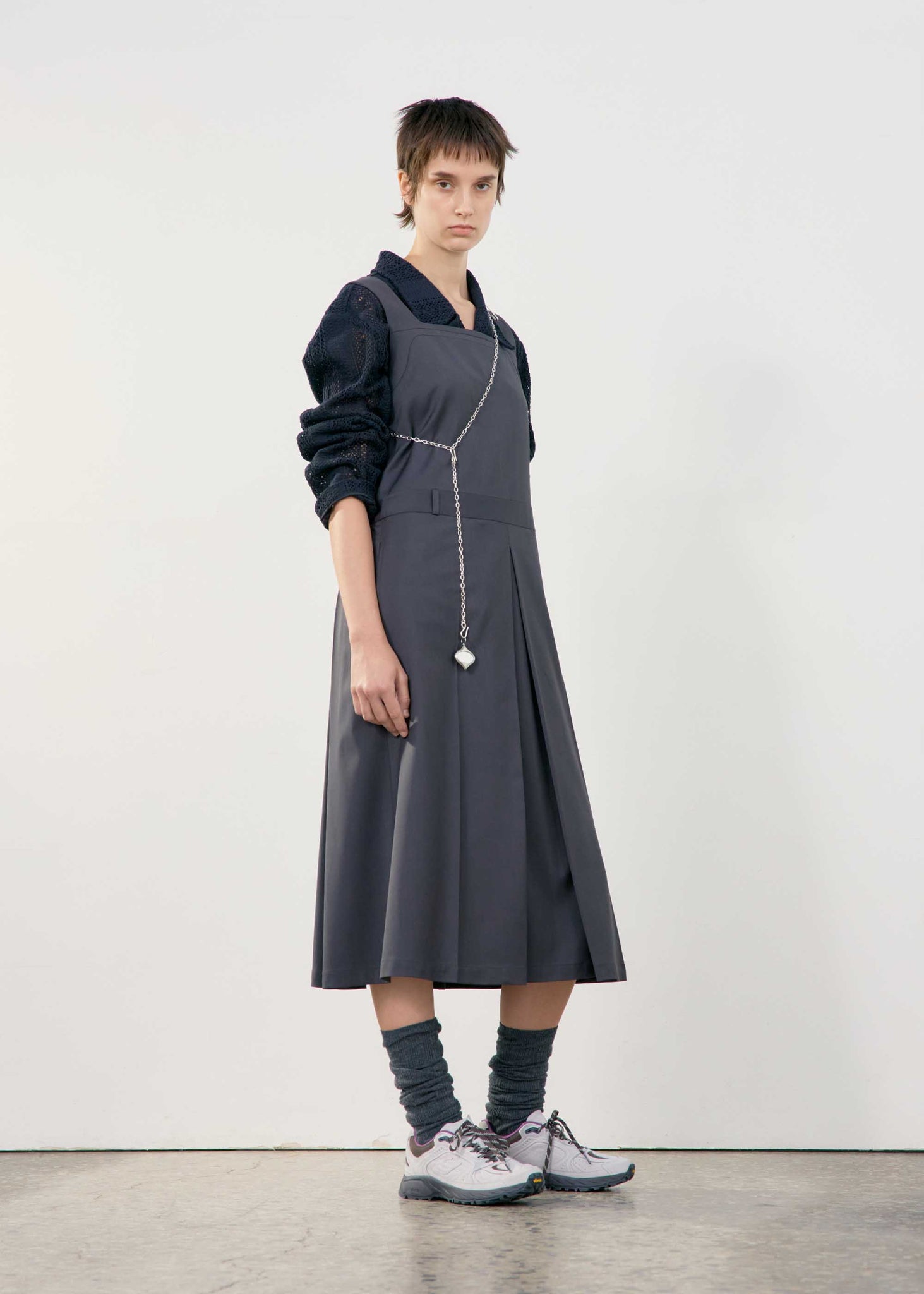 Charcoal Pleated Midi Apron Dress