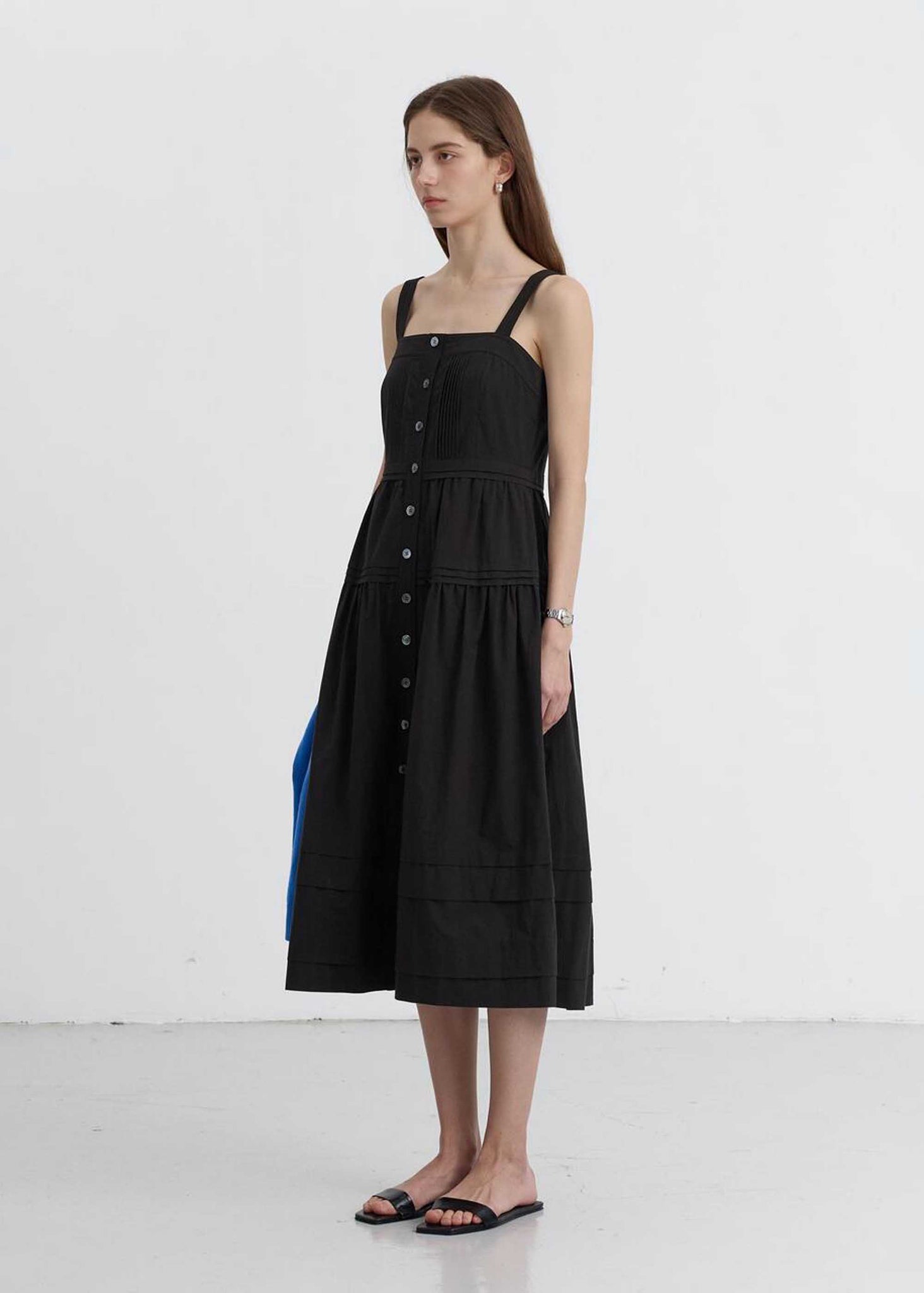 Black Square-Neck Buttoned Midi Dress