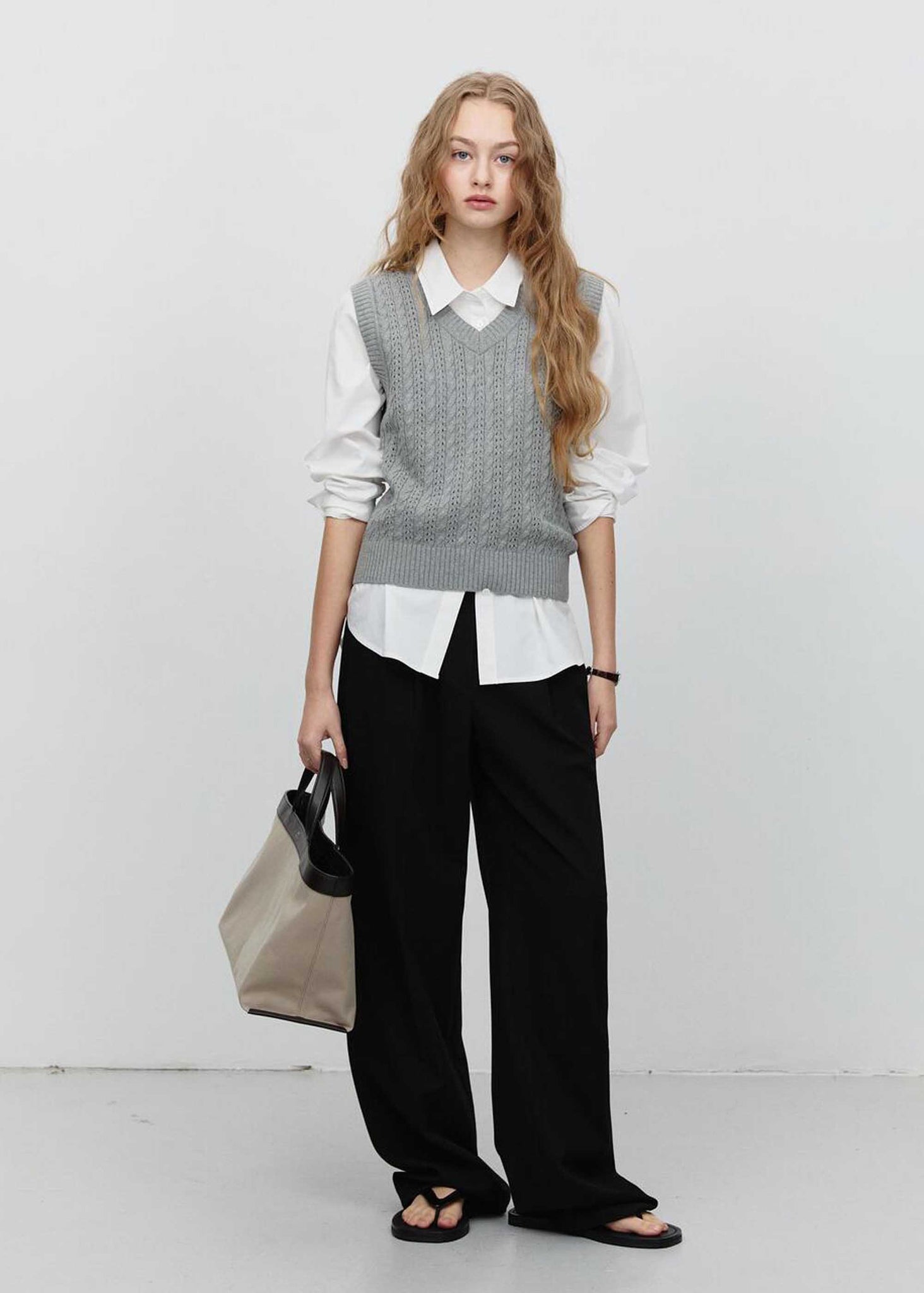 Grey Crochet-Knit V-Neck Vest