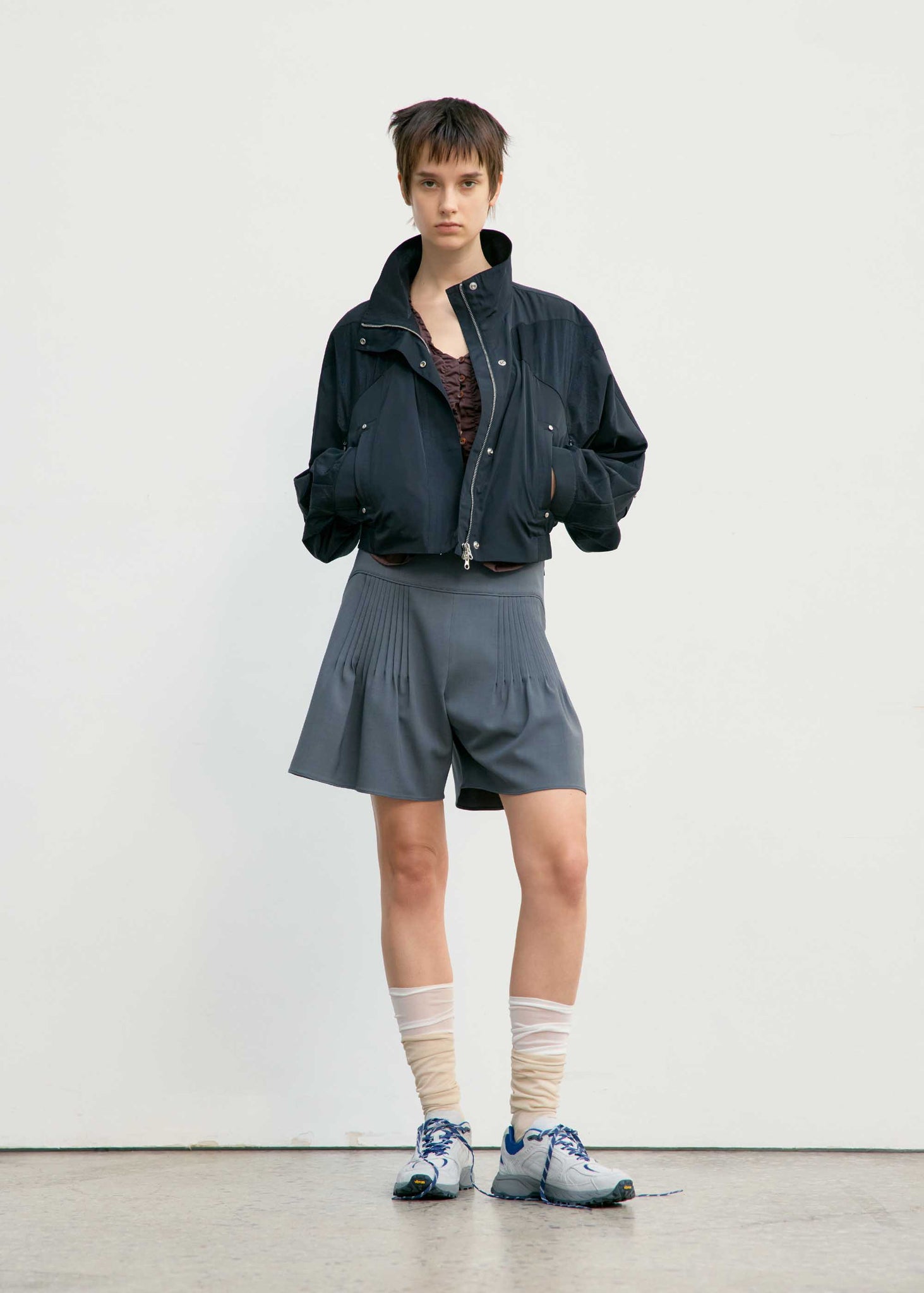 Grey Rib Pleat Shorts