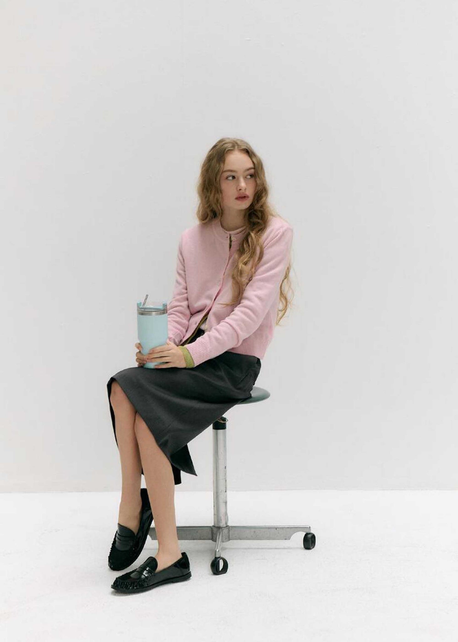 Pink Round-Neck Wool Cardigan