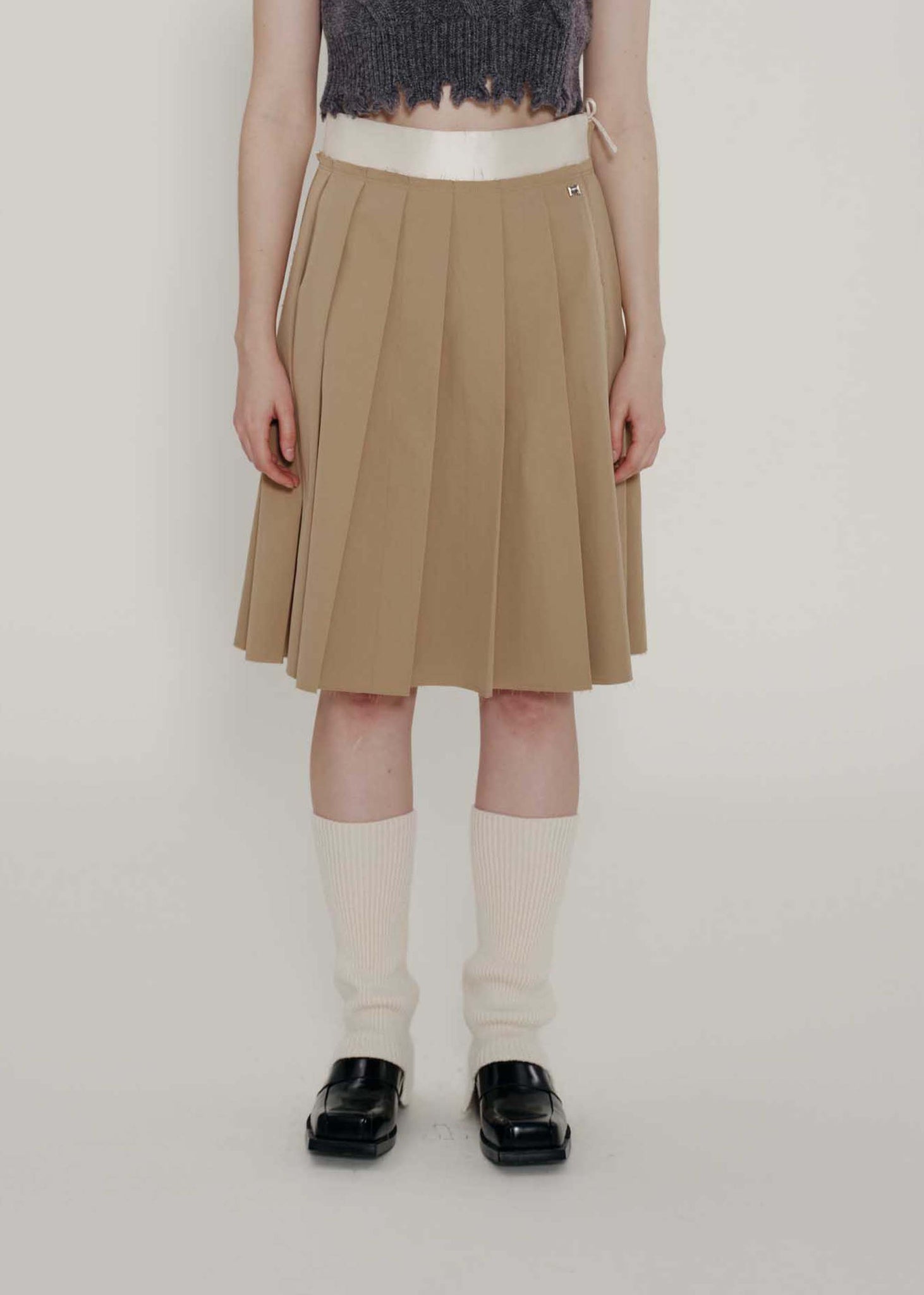 Tan Pleated Raw Hem Skirt