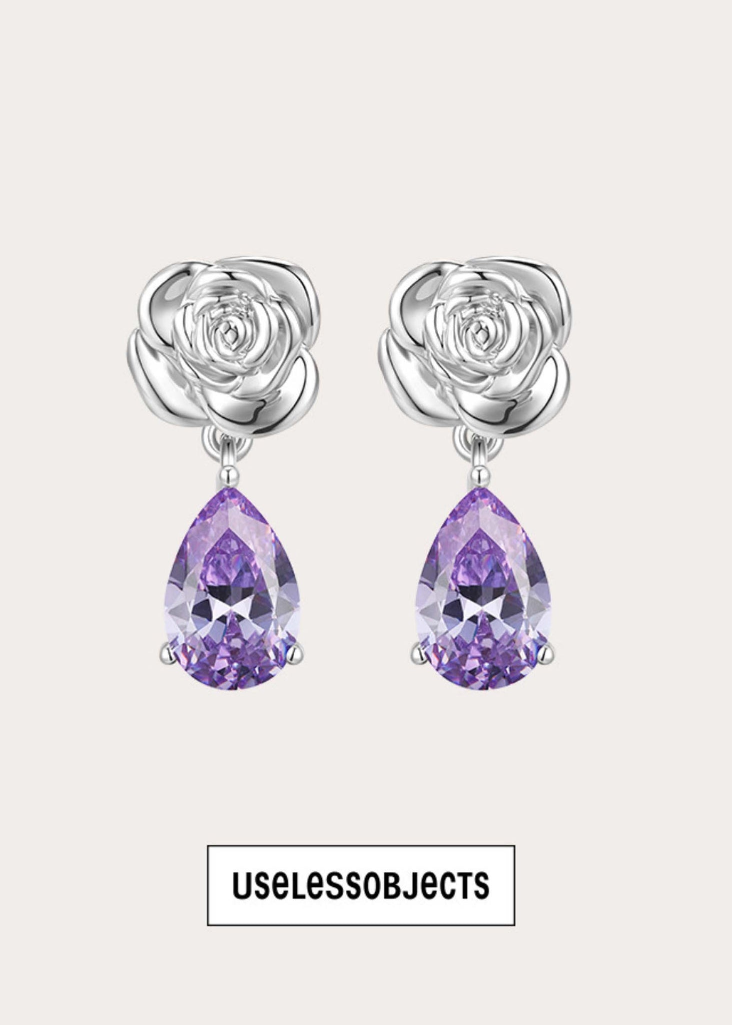 Silver & Purple Rose Diamond Earring Pair