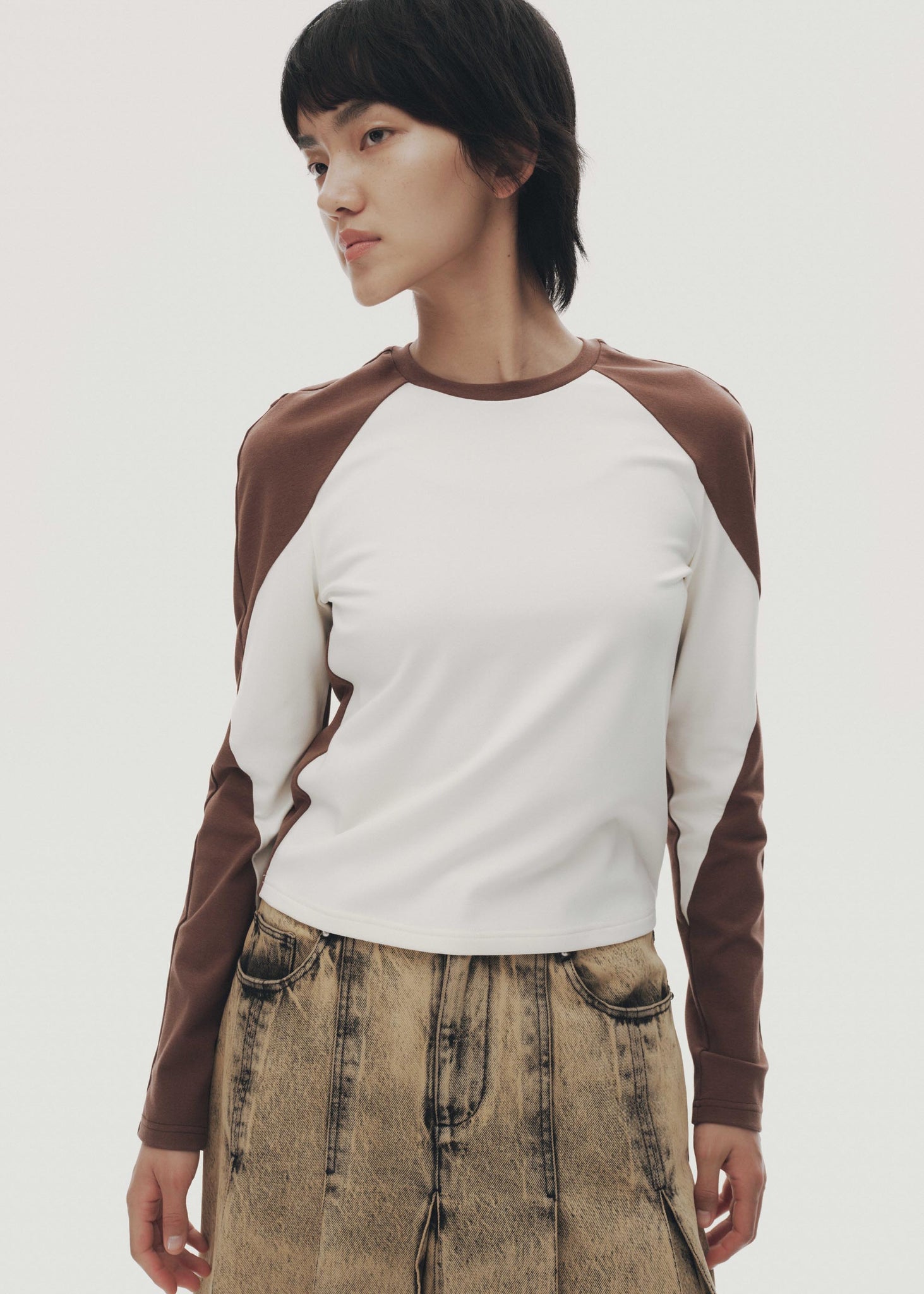 Brown & White Panelled Baseball T-Shirt