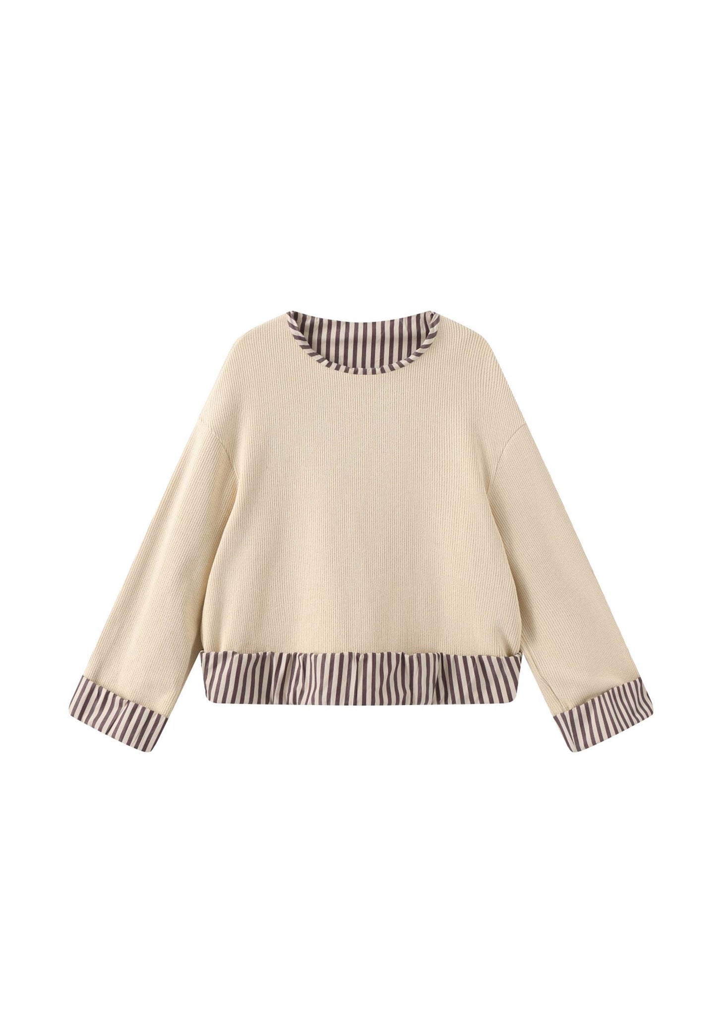 Beige Striped Cuff Crewneck Sweater