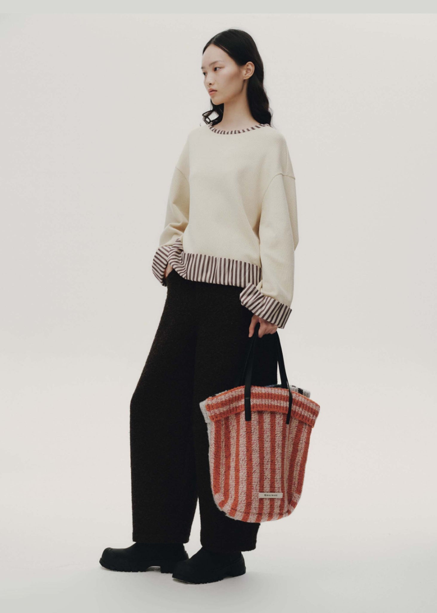 Beige Striped Cuff Crewneck Sweater