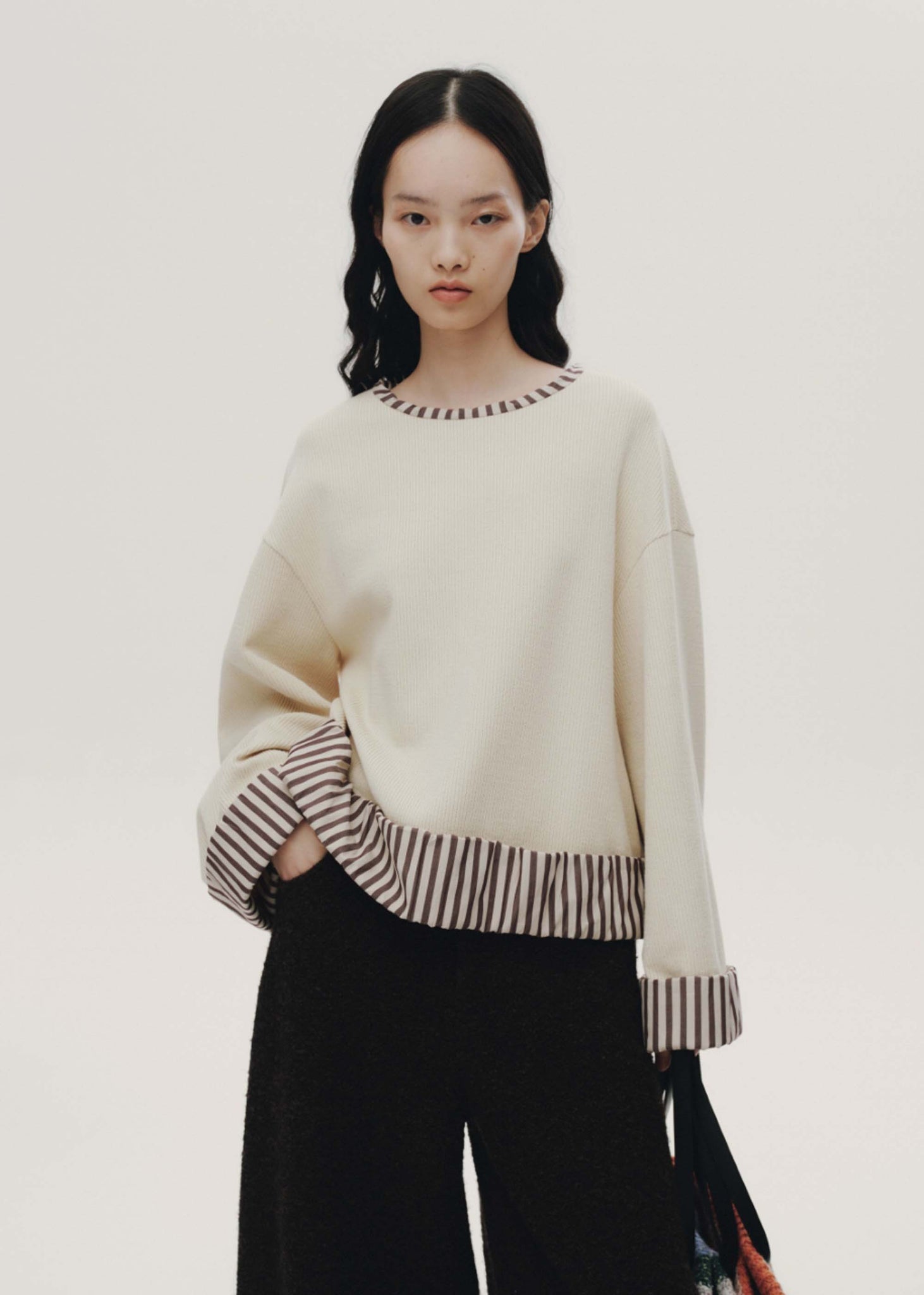 Beige Striped Cuff Crewneck Sweater