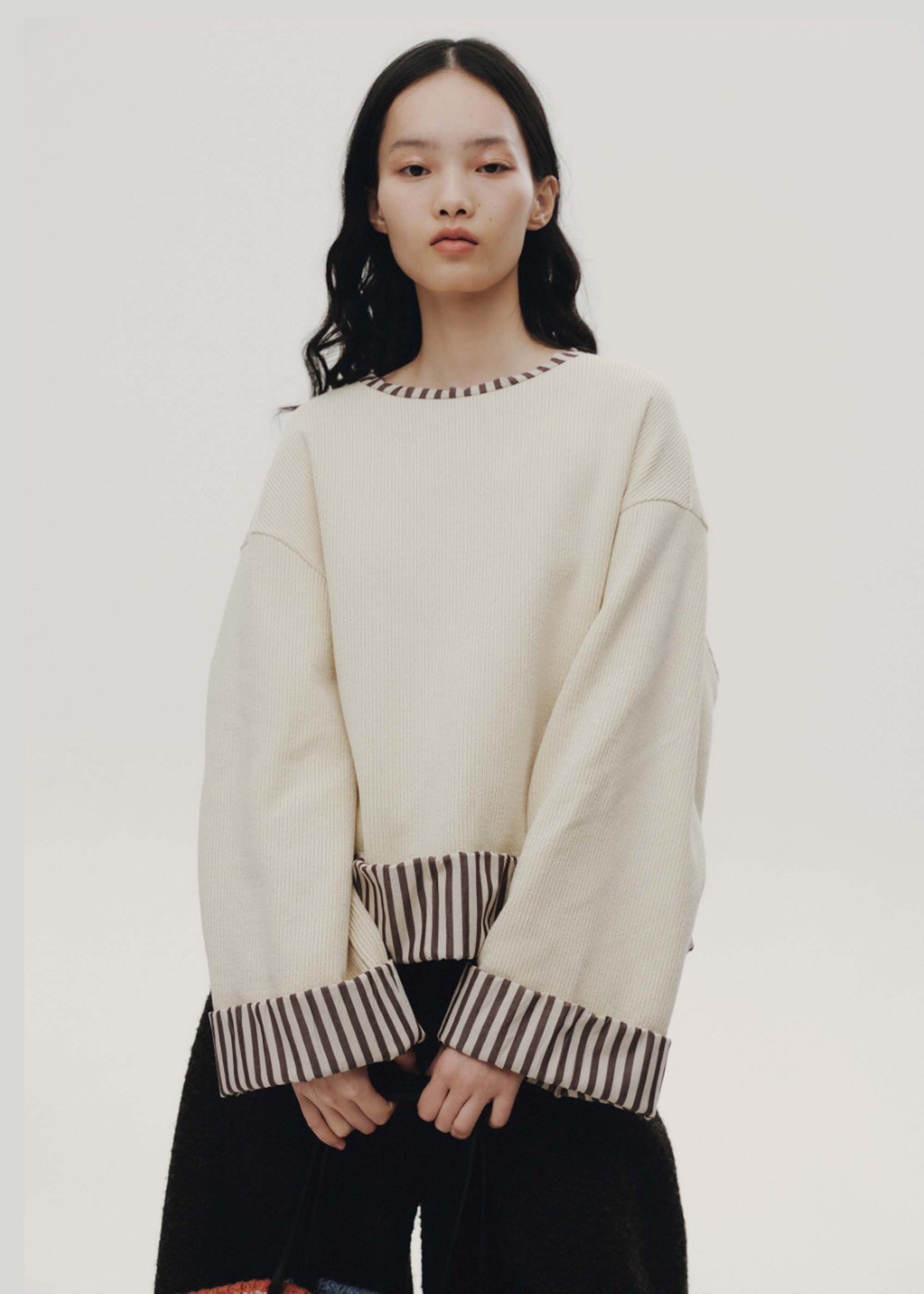 Beige Striped Cuff Crewneck Sweater