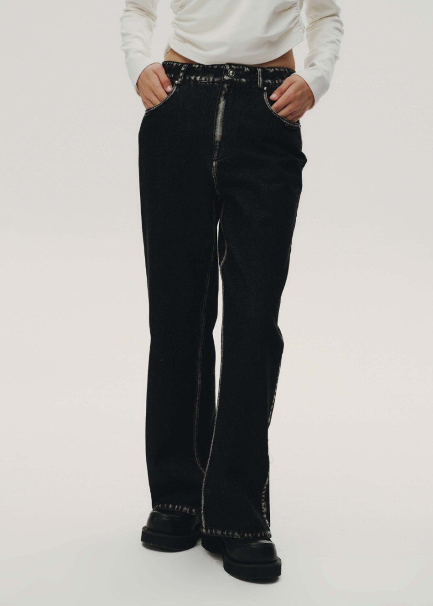 Black Faded Trim Straight Jeans