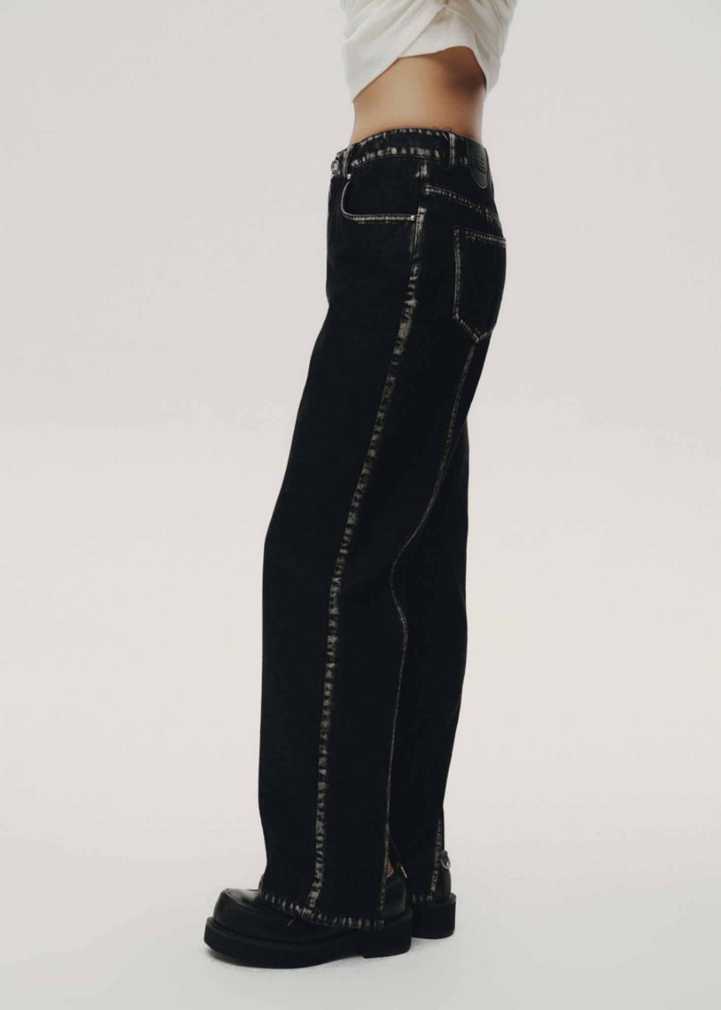 Black Faded Trim Straight Jeans