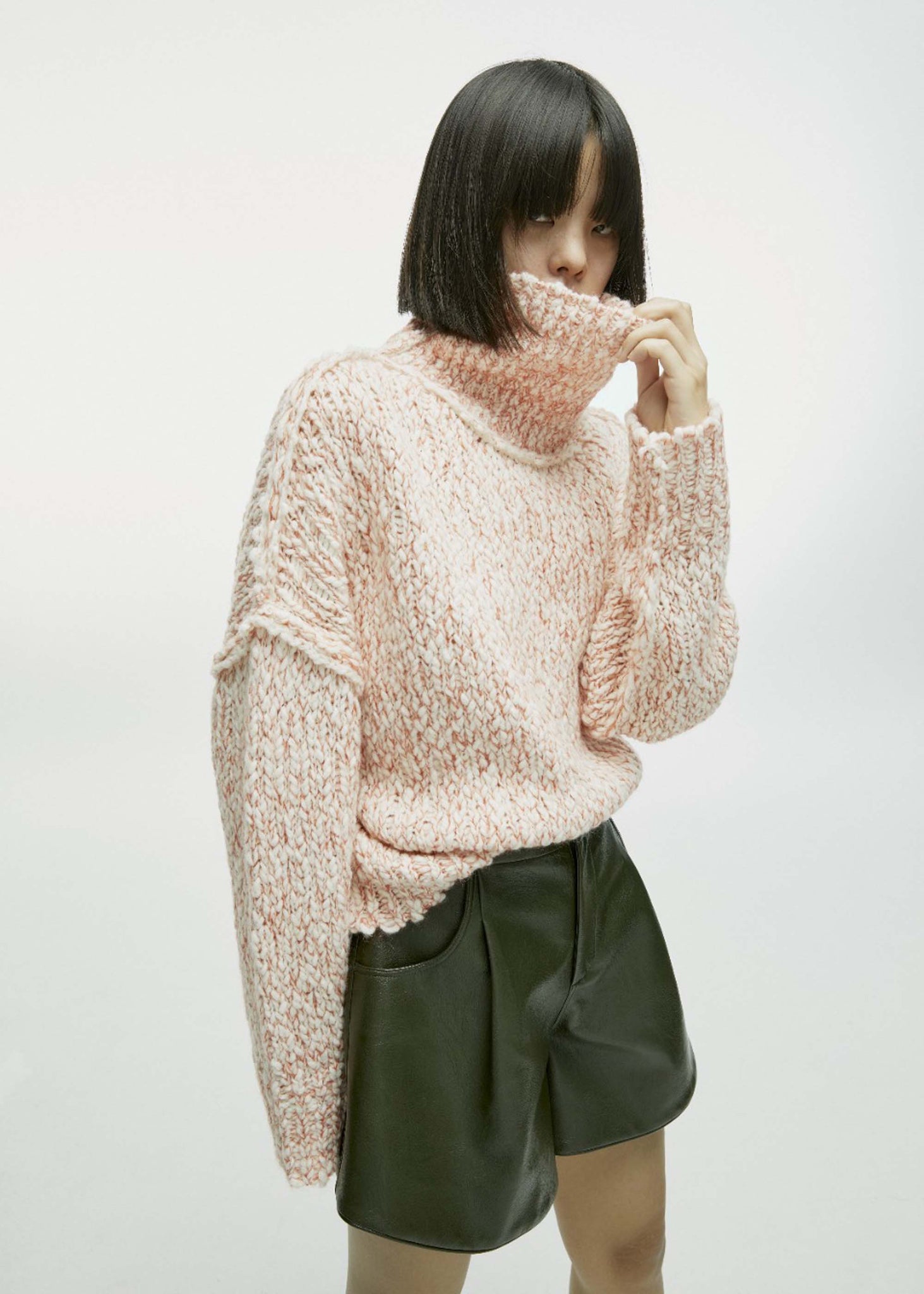 Pink Cable-knit Funnel Neck Sweater