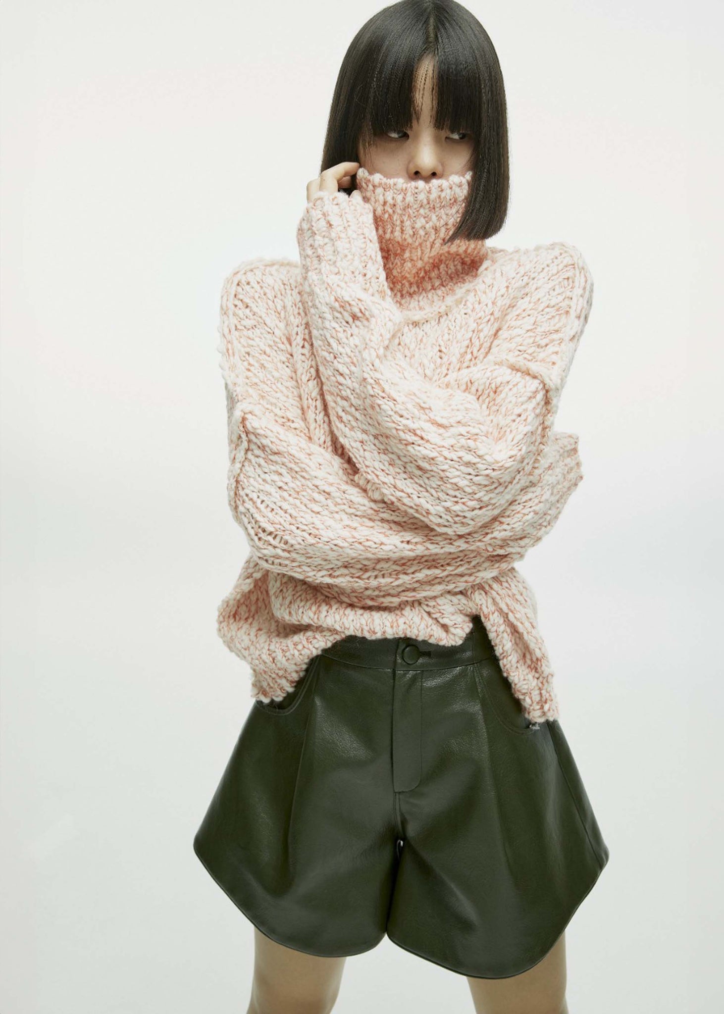 Pink Cable-knit Funnel Neck Sweater