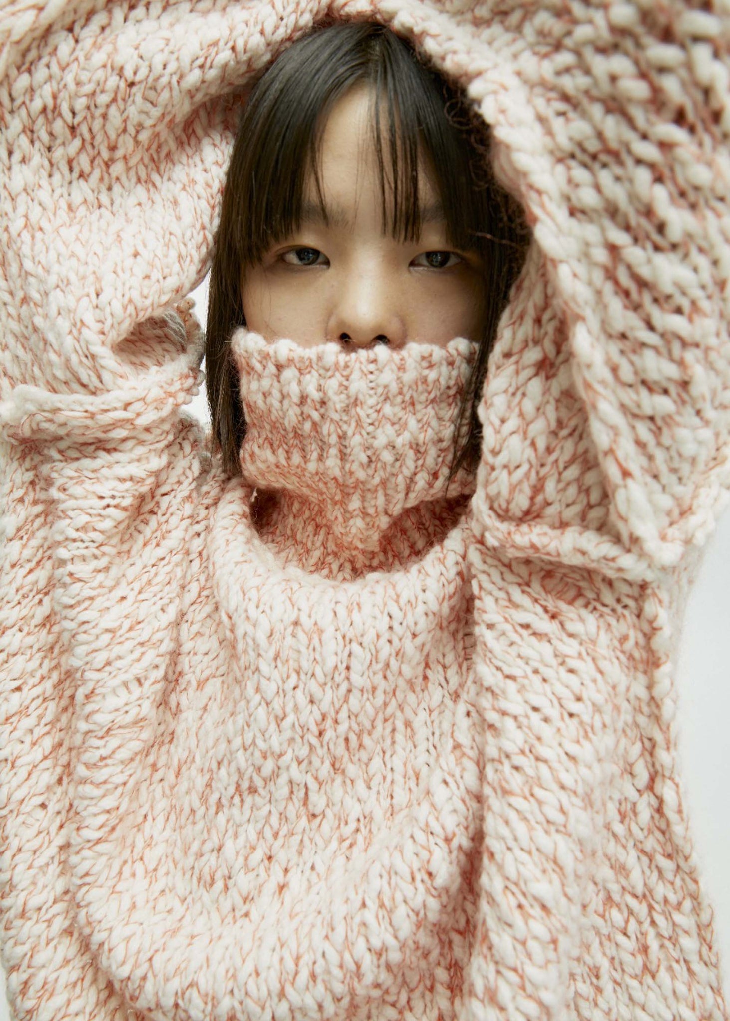 Pink Cable-knit Funnel Neck Sweater