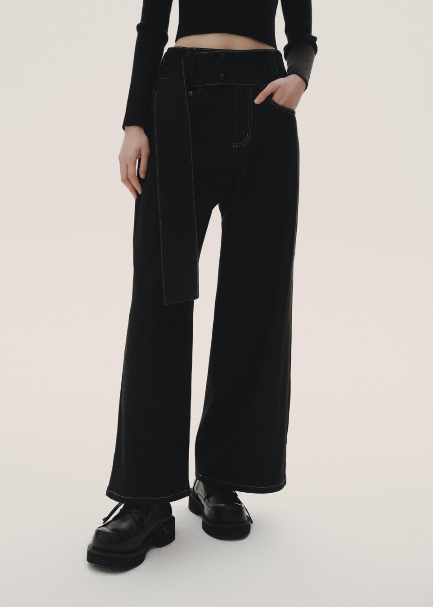 Black Belted Wide-leg Jeans