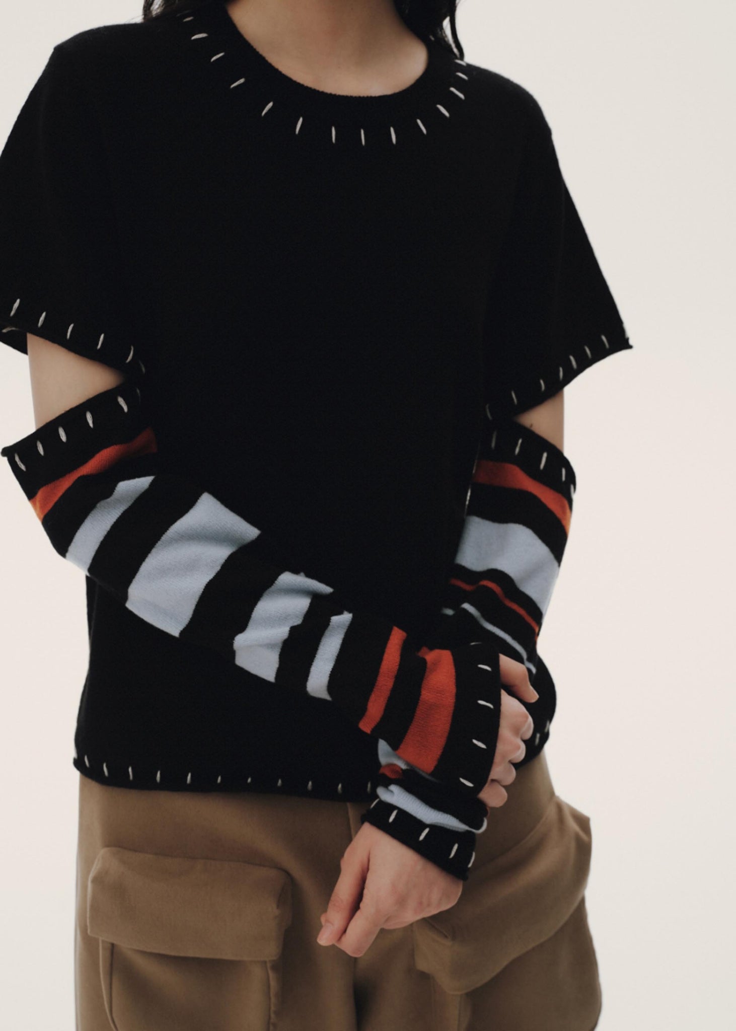 Black Striped Sleeve Knit T-shirt