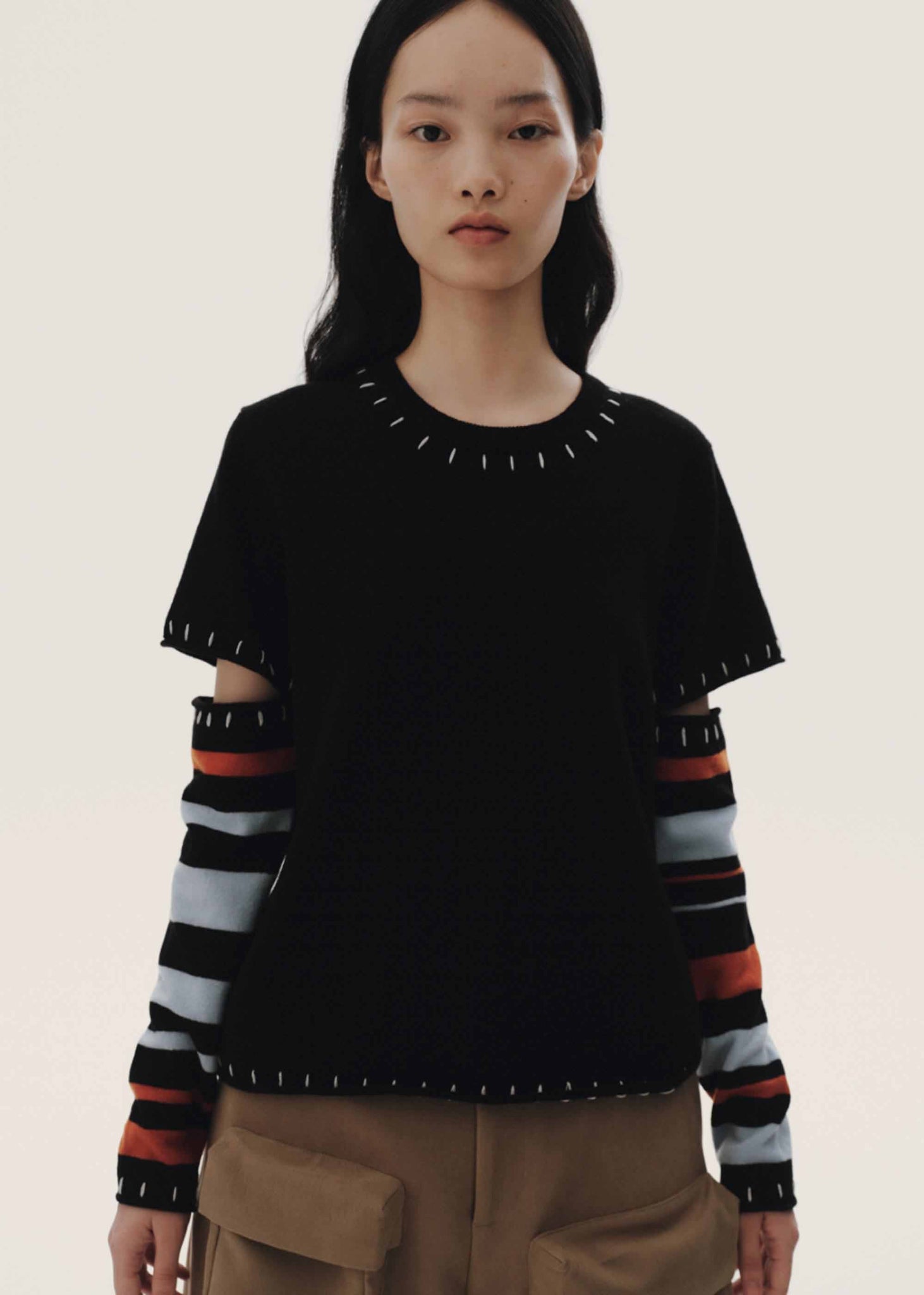 Black Striped Sleeve Knit T-shirt