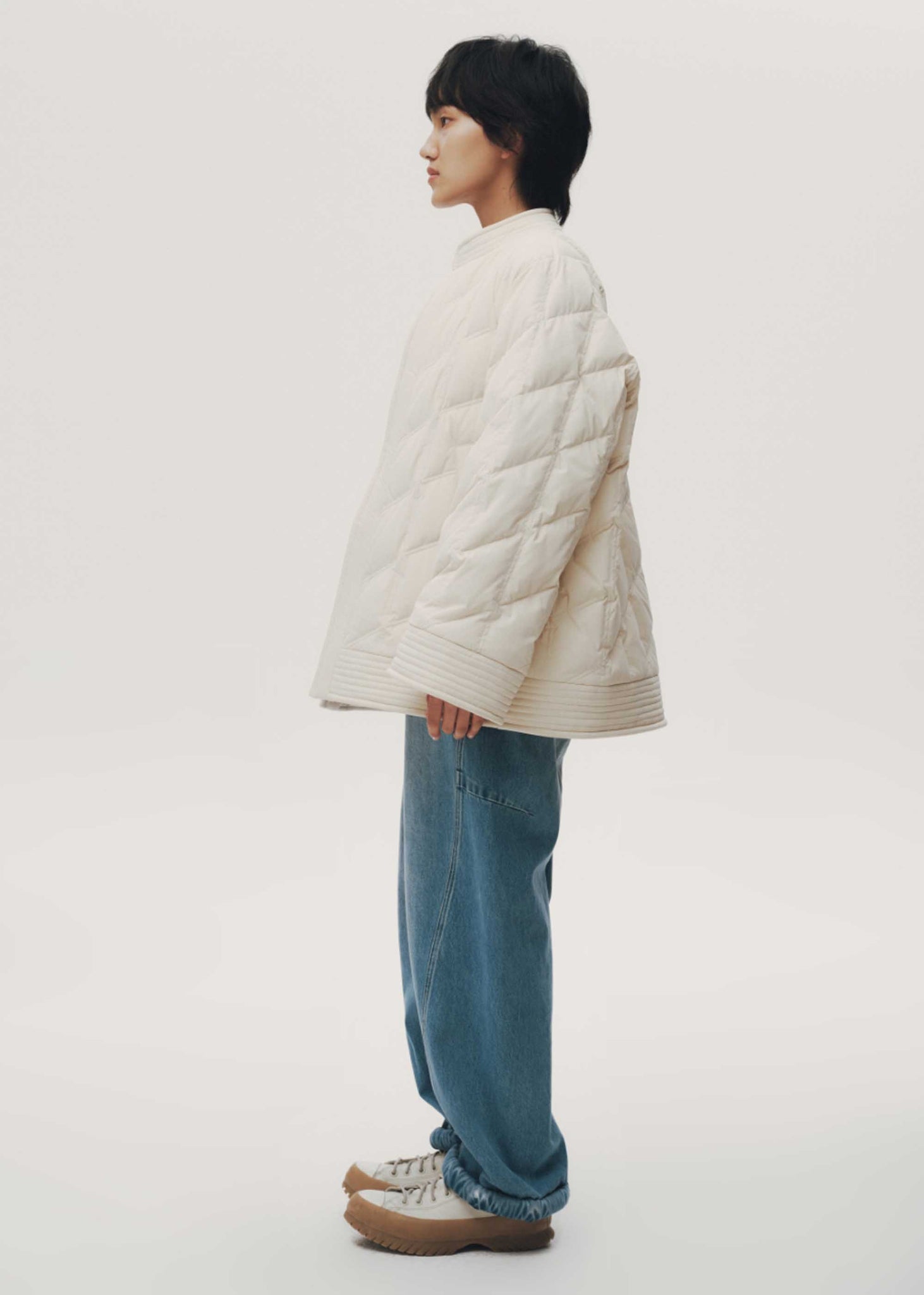 White Quilted Band Collar Jacket