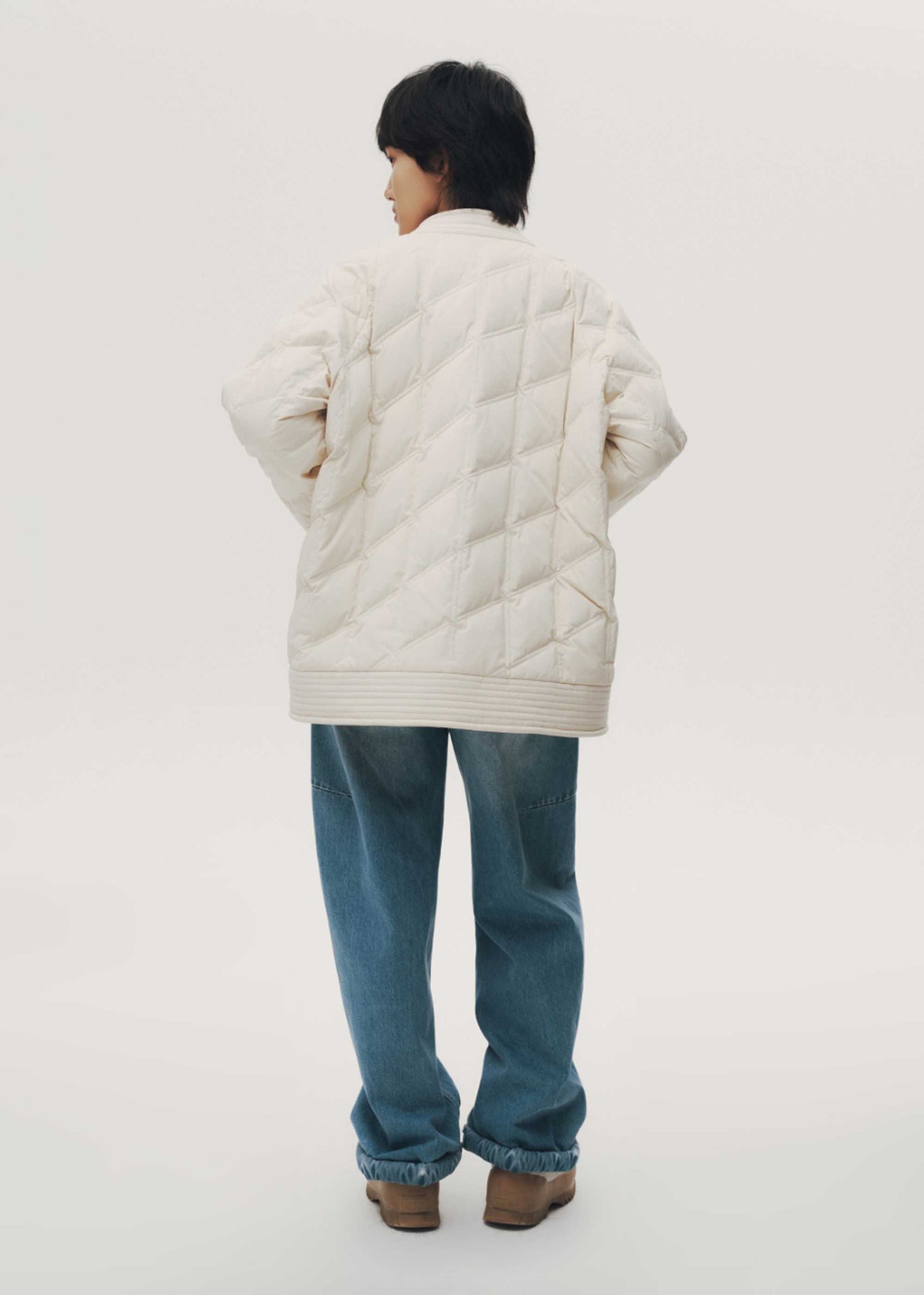 White Quilted Band Collar Jacket