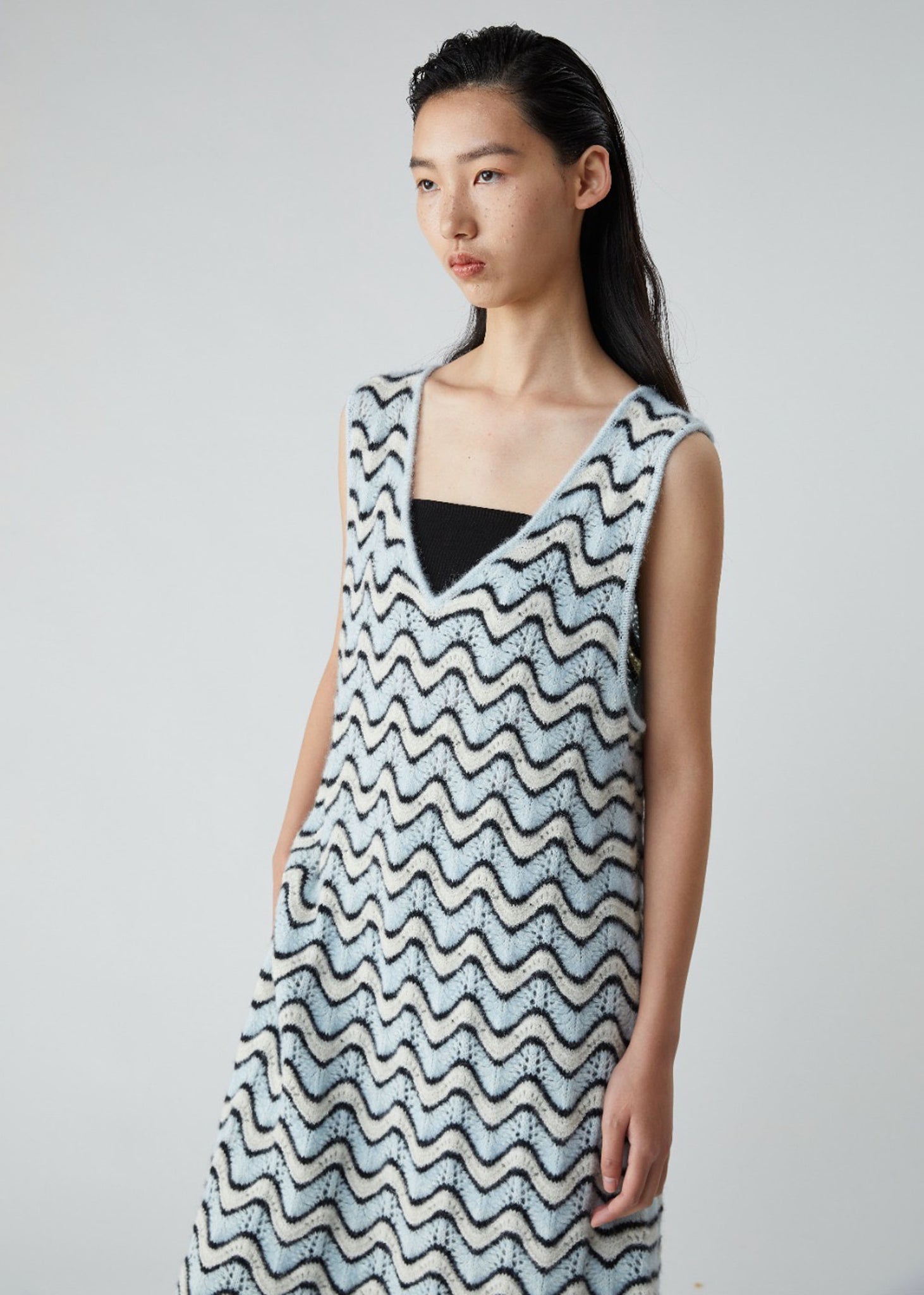 Teal, Black, & White Striped Wavy Knit Dress