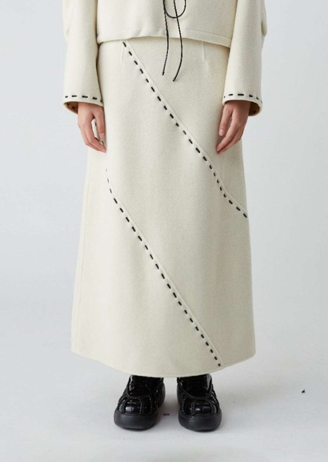 Cream Contrast Seam Wool Maxi Skirt