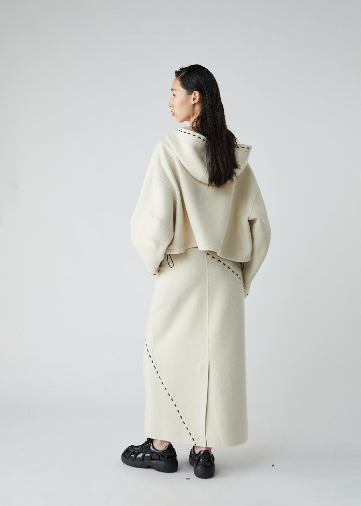 Cream Contrast Seam Wool Maxi Skirt