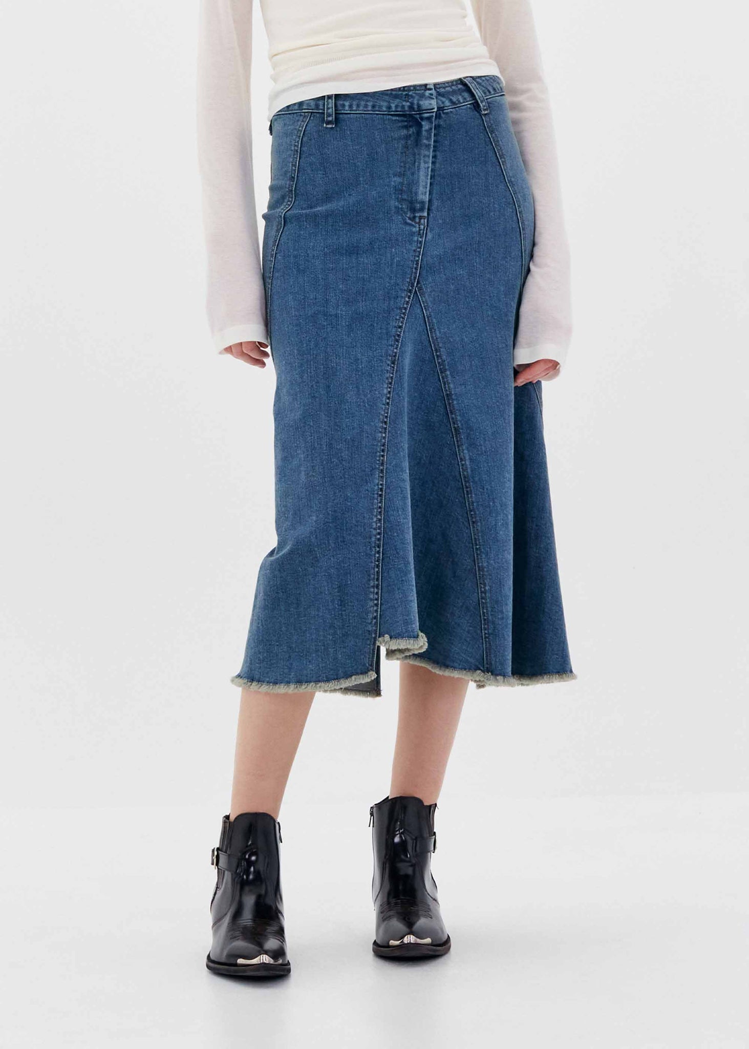 Blue Flared Denim Midi Skirt