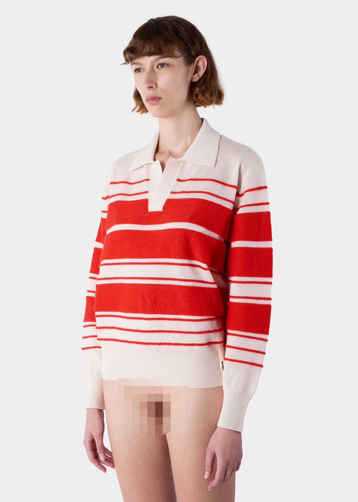 Off-White and Red Striped Knit Polo