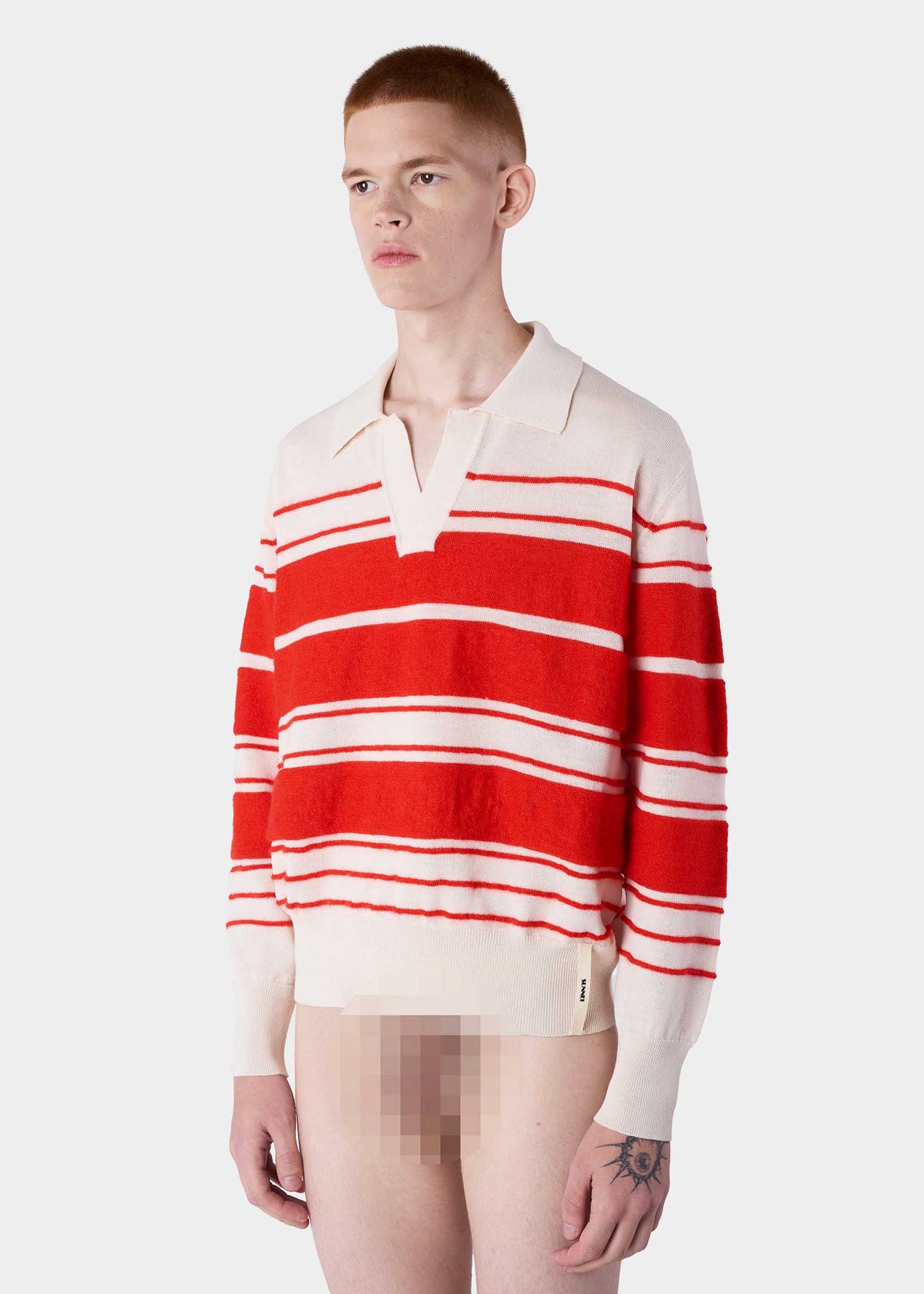 Off-White and Red Striped Knit Polo