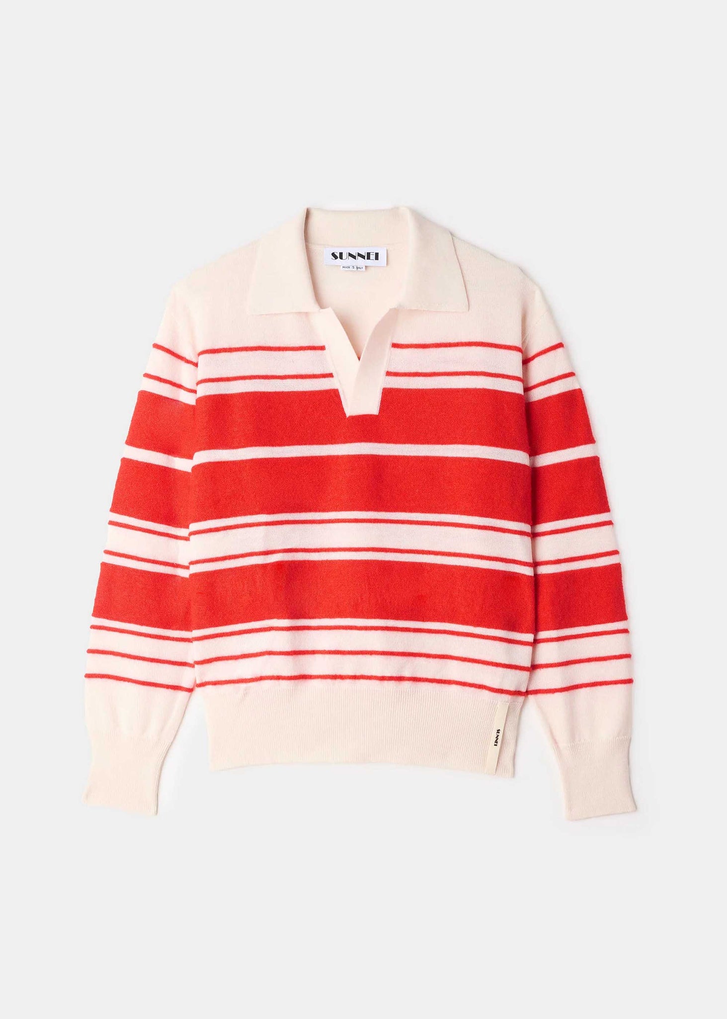 Off-White and Red Striped Knit Polo