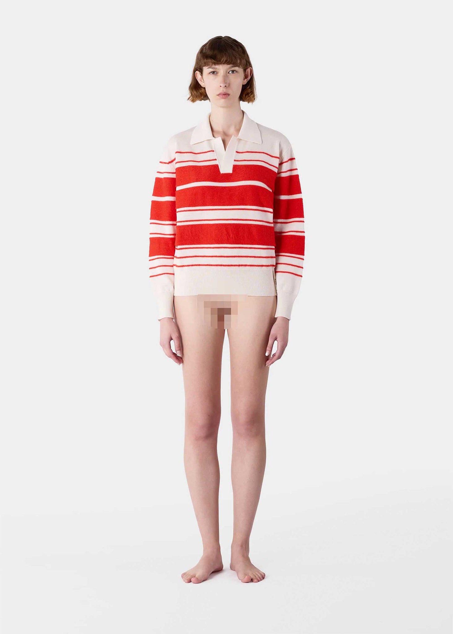 Off-White and Red Striped Knit Polo