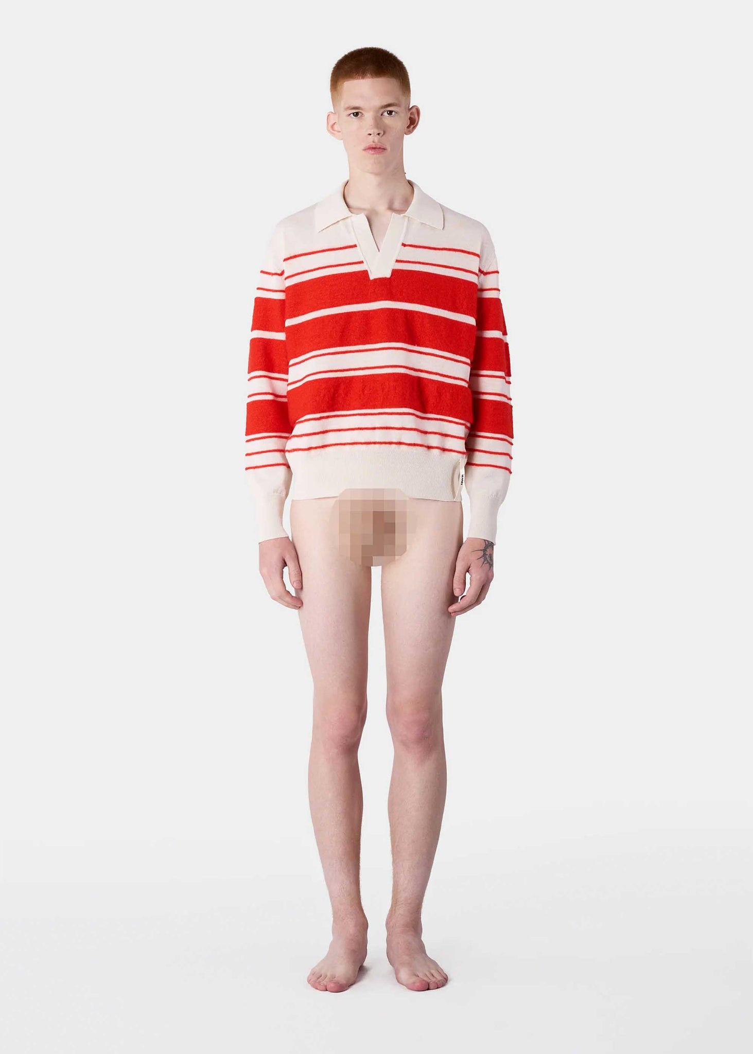 Off-White and Red Striped Knit Polo