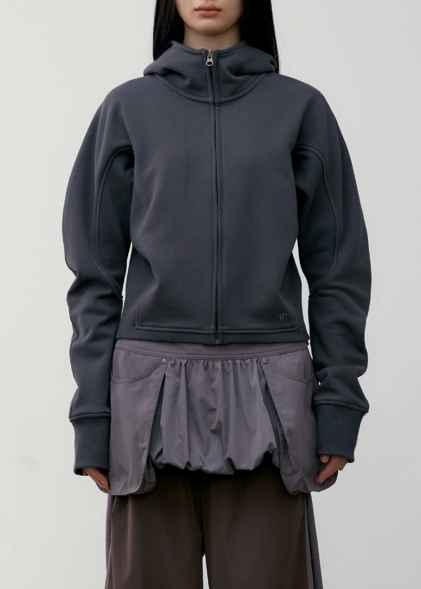 Grey Panelled Zip-Up Hoodie