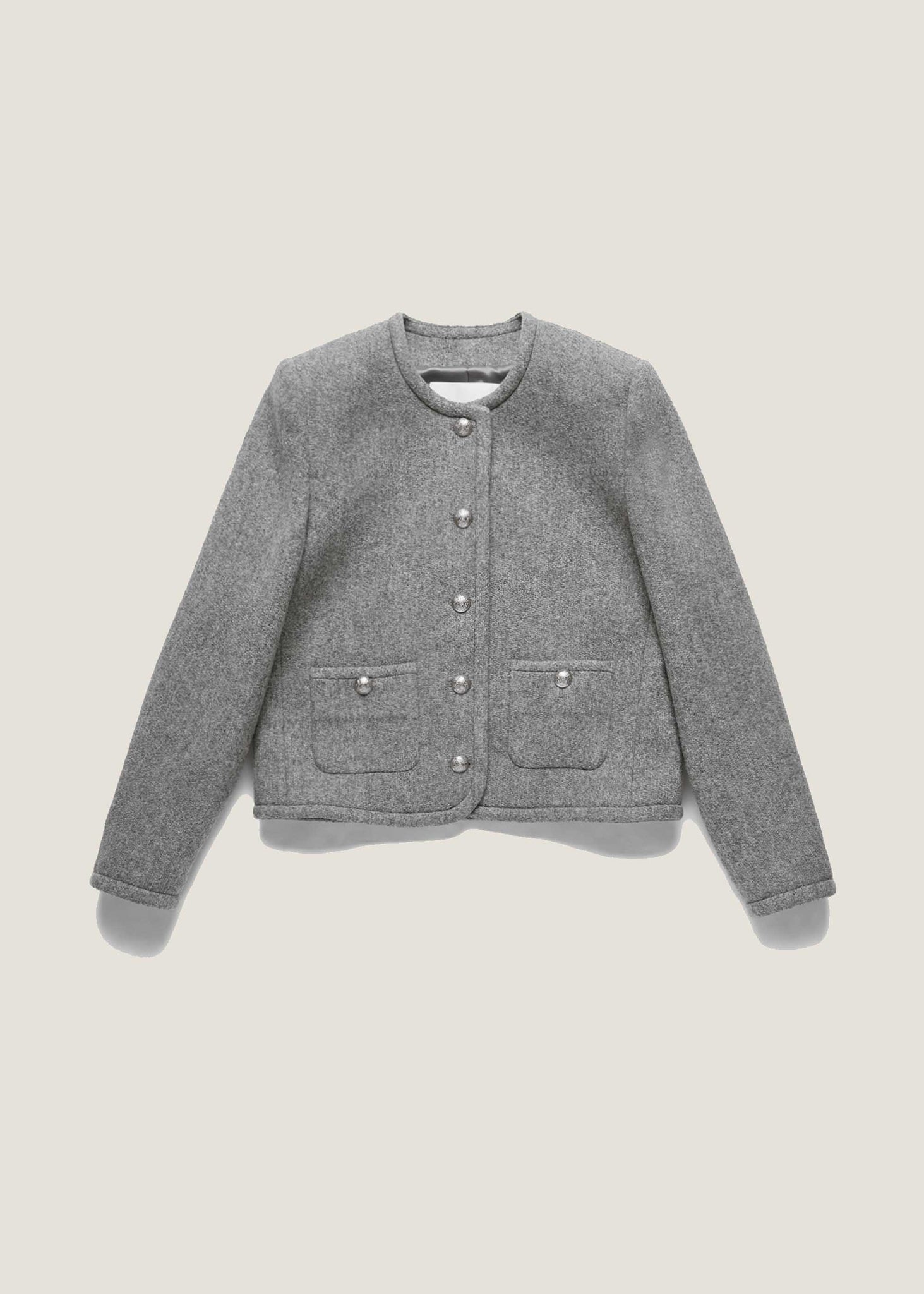 Grey Melange Tweed Collarless Jacket