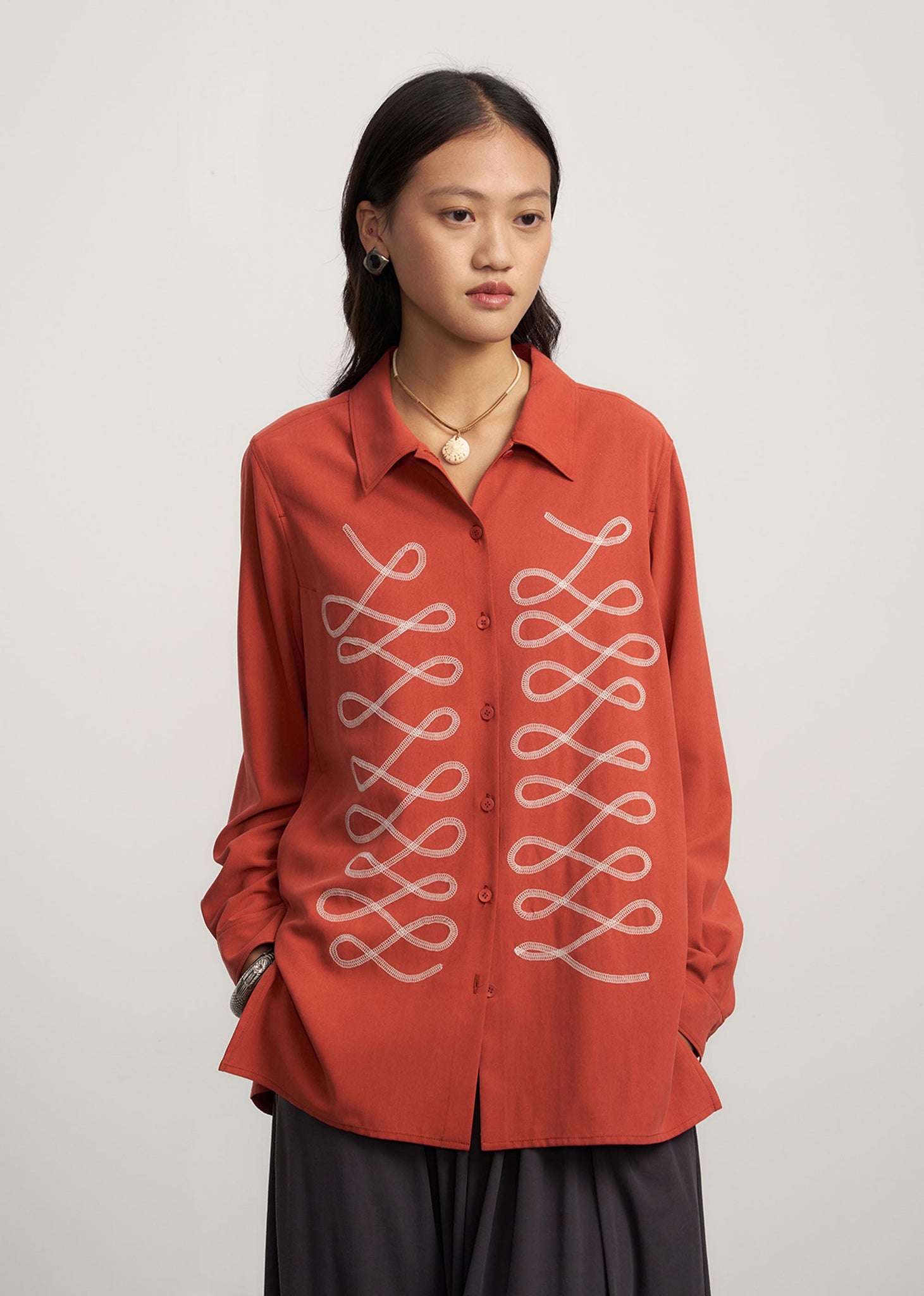 Red Embroidered Silk Shirt