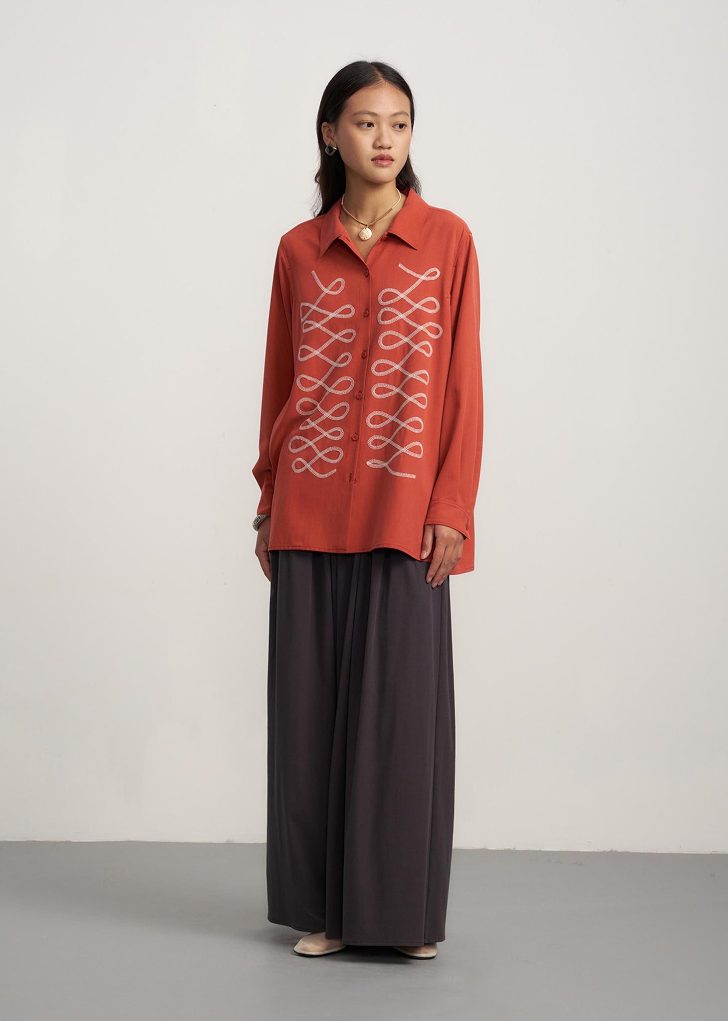 Red Embroidered Silk Shirt