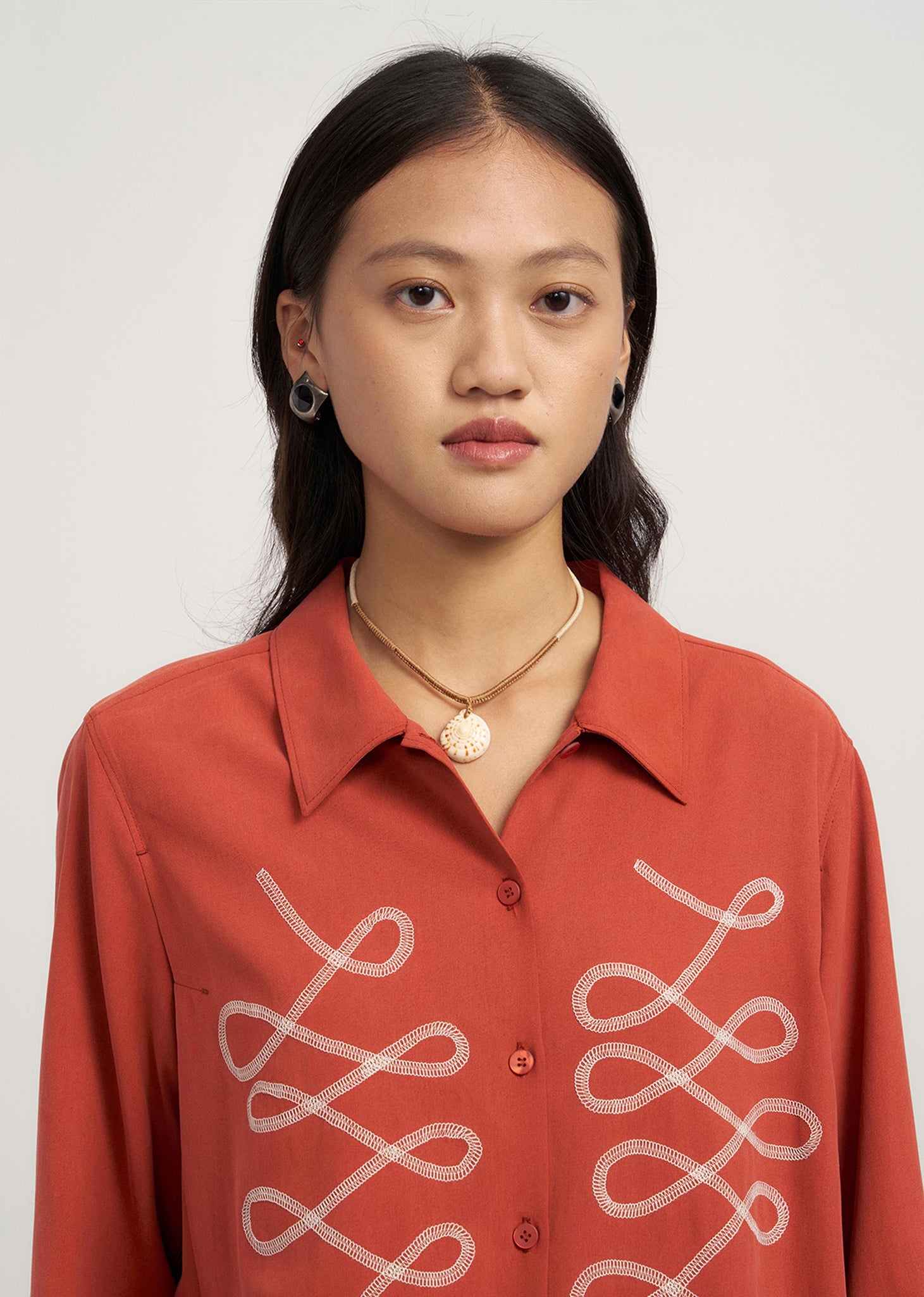 Red Embroidered Silk Shirt