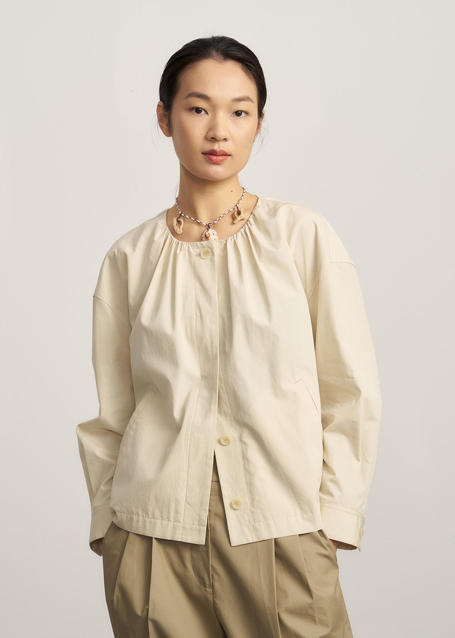 Beige Shirred Collar Jacket